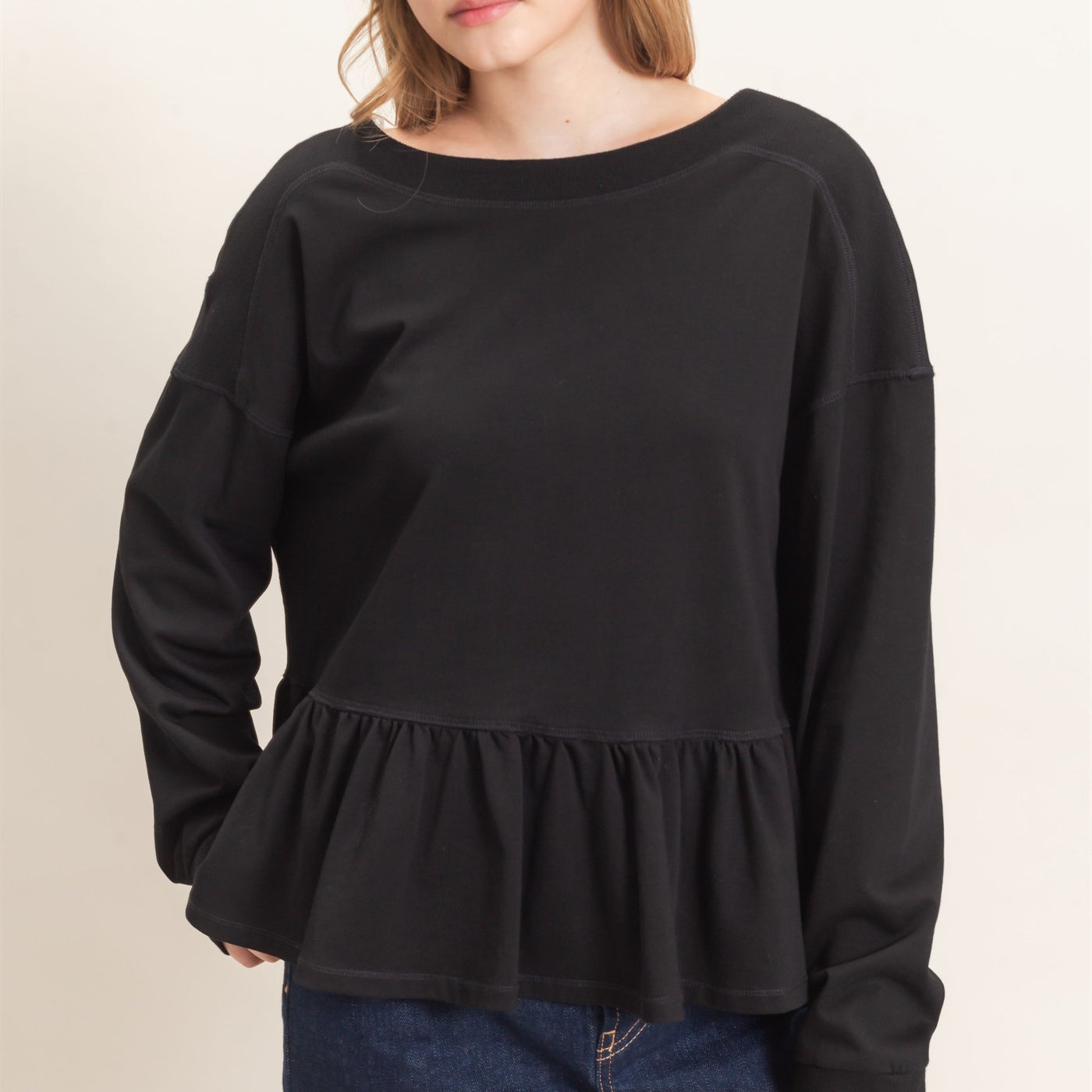 Wholesale Ruffled Hem Long Sleeve Top Clothing Tops HF26E065 BLACK HYFVE
