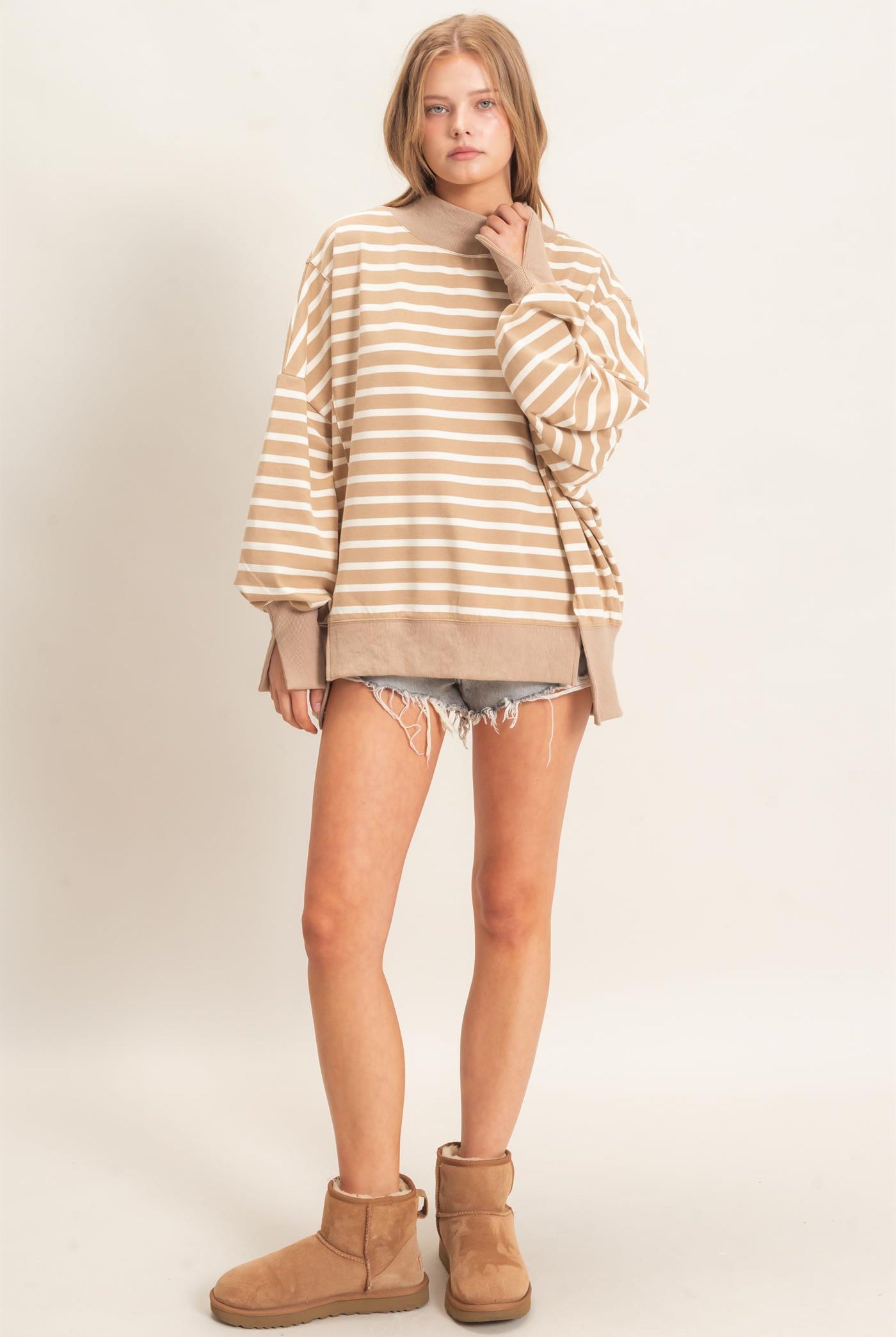 Wholesale Striped Mock Neck Sweatshirt Sweatshirts HF27A178-D TAUPE/CREAM HYFVE