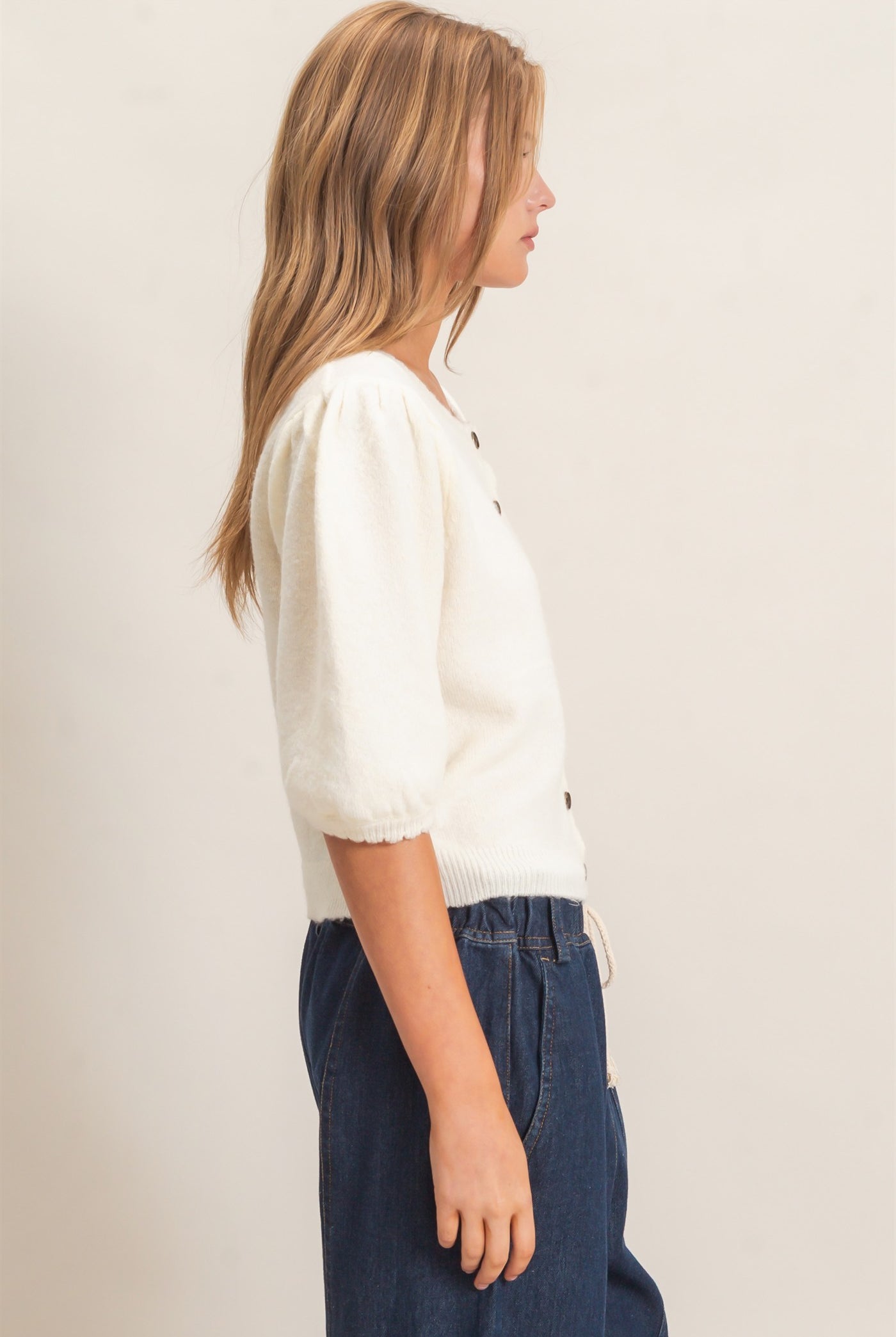 Wholesale Button-Up Puff Sleeve Sweater Cardigan Cardigans HF26E165 CREAM HYFVE