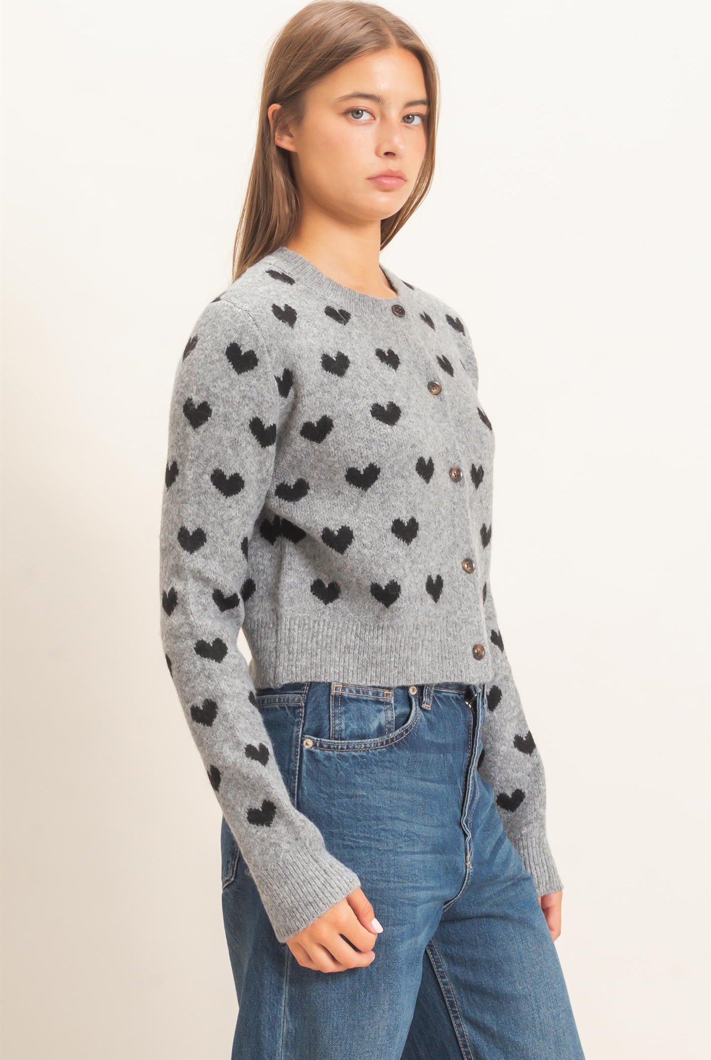 Wholesale Heart Pattern Cardigan Cardigans DZ26E320 HEATHER GRAY DOUBLE ZERO