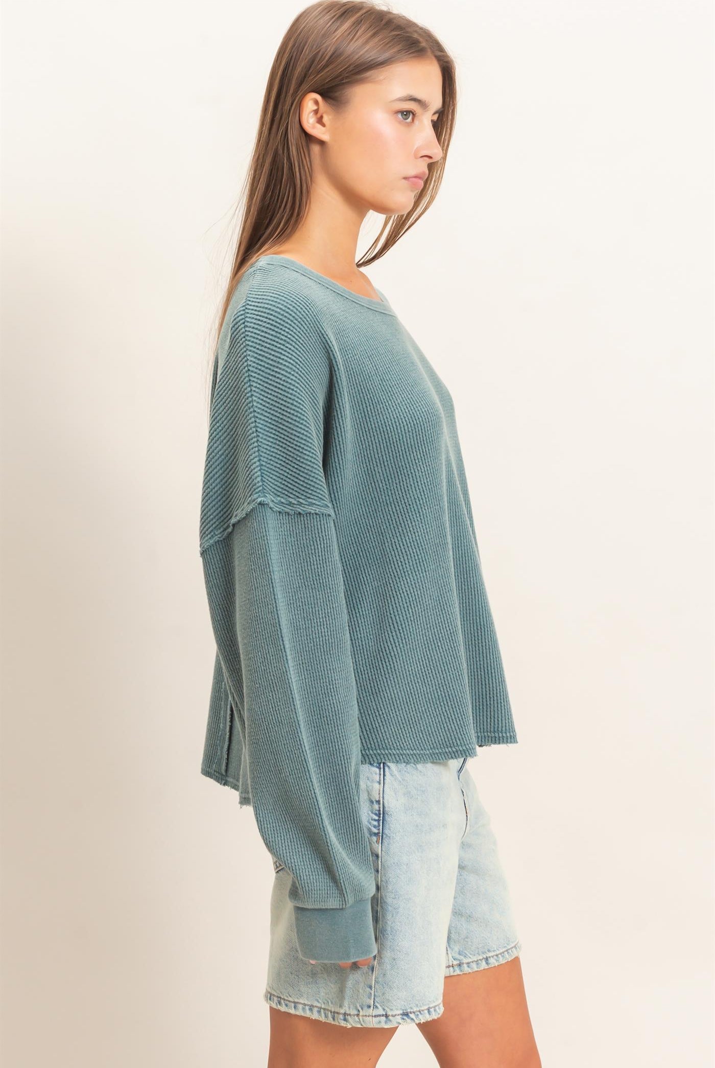 Wholesale Mineral Wash Waffle Oversized Top Clothing Tops DZ26E248 DARK TEAL DOUBLE ZERO