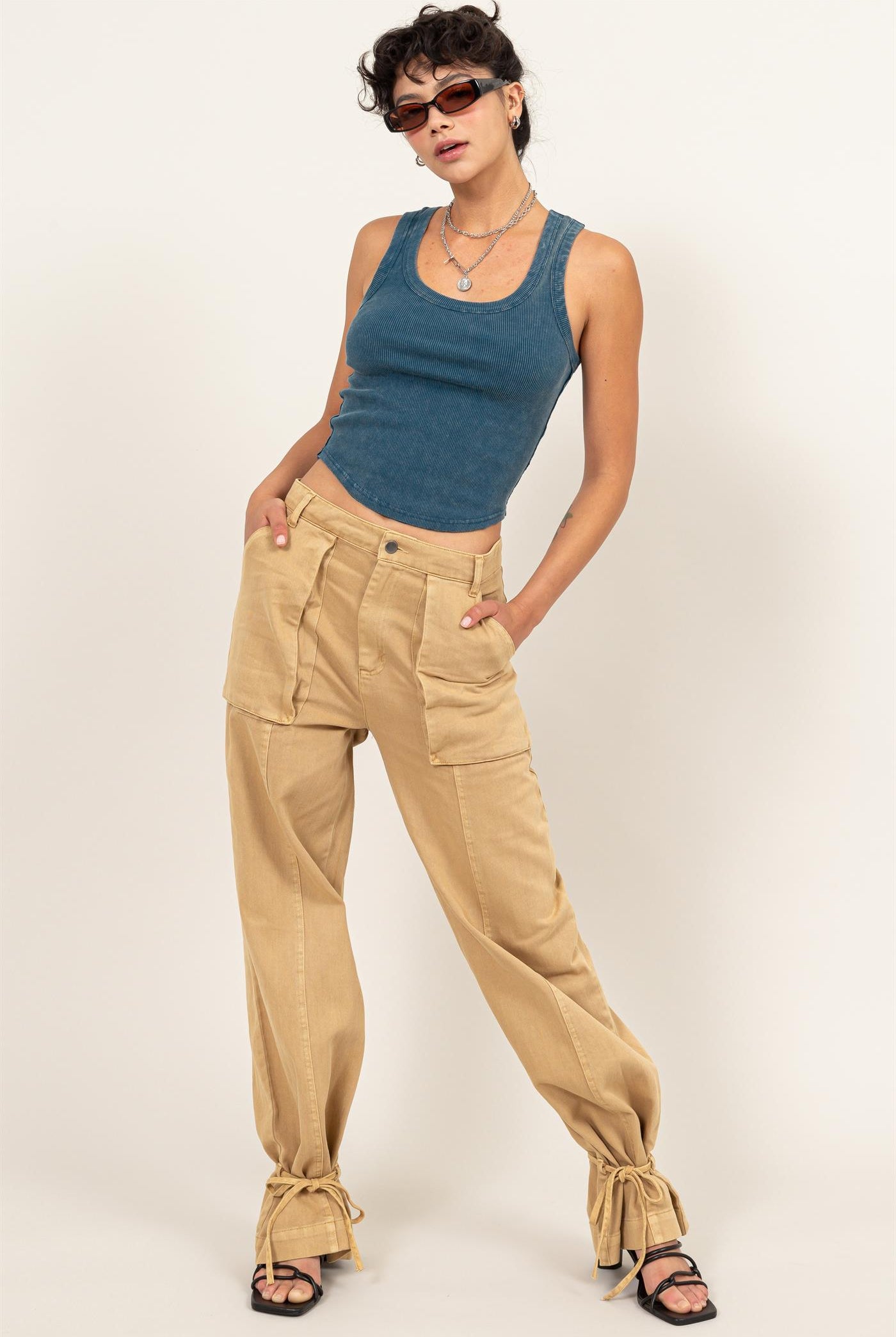 Wholesale High Rise Cargo Pants With Ankle Ties Pants DZ24C156 SAND DOUBLE ZERO