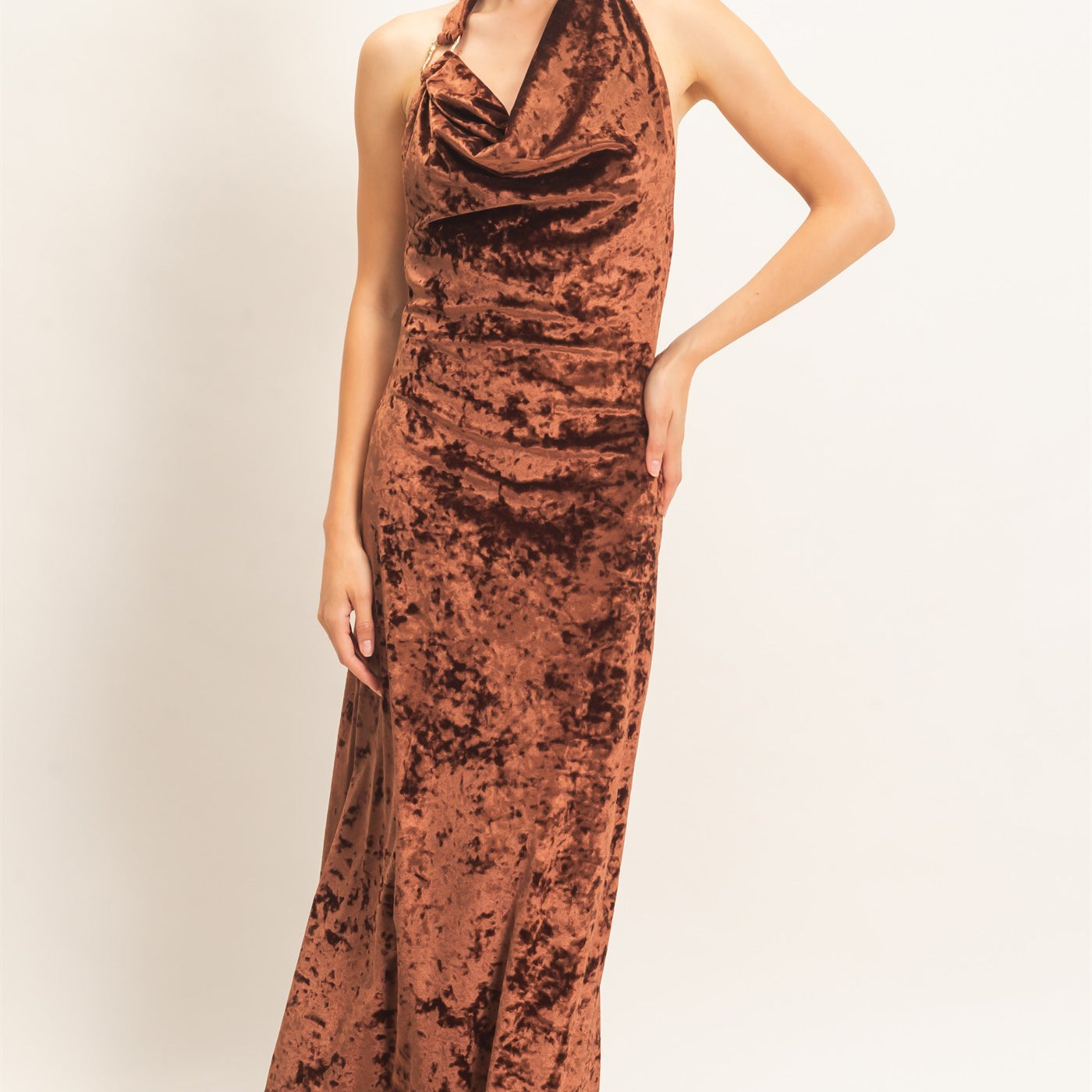 Wholesale Velvet Cowl Neck Halter Dress Dresses HF26F178 CHOCOLATE HYFVE