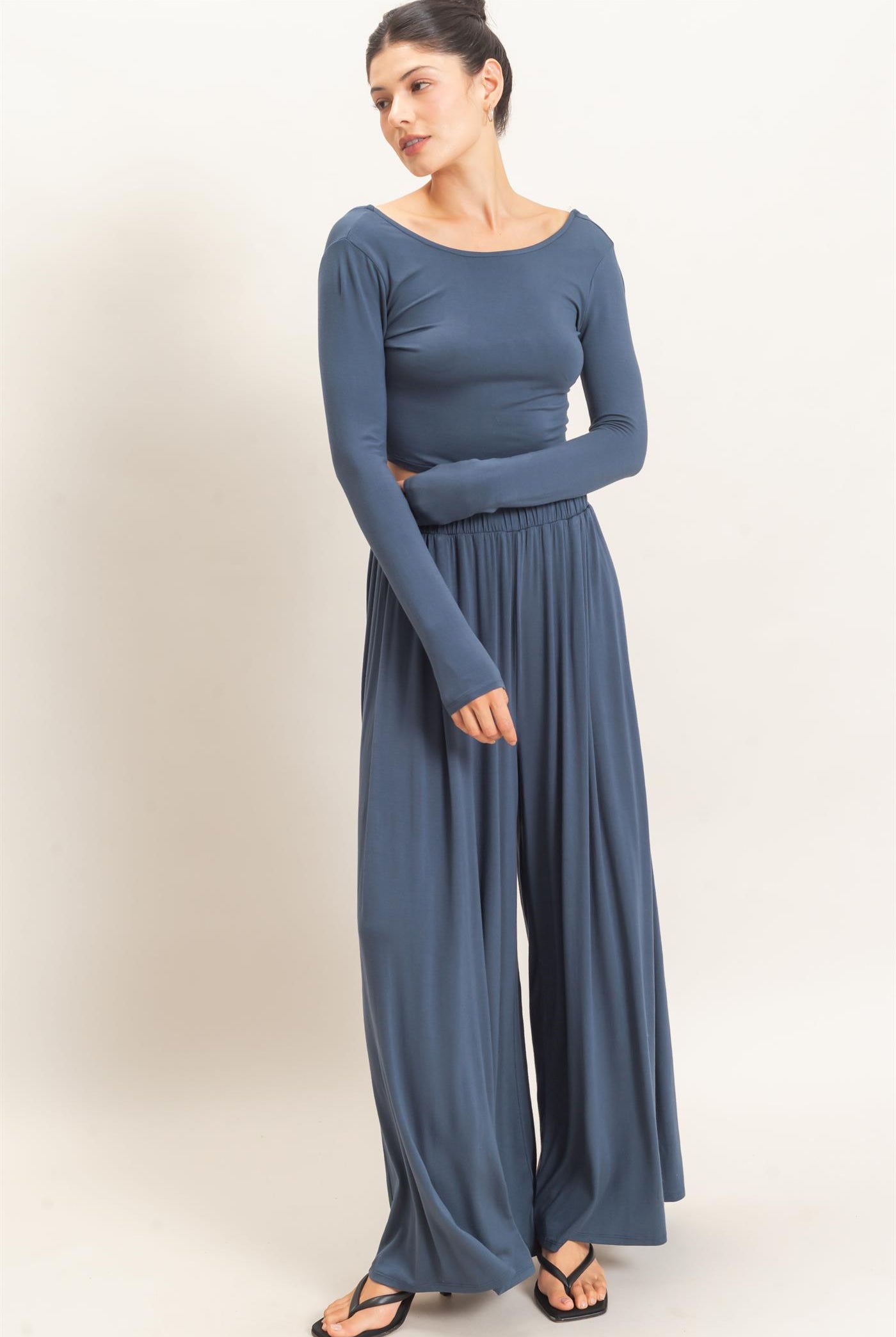 Wholesale Long Sleeve Top & Wide Leg Pants Set Clothing HF26F227-SET-D MIDNIGHT BLUE HYFVE