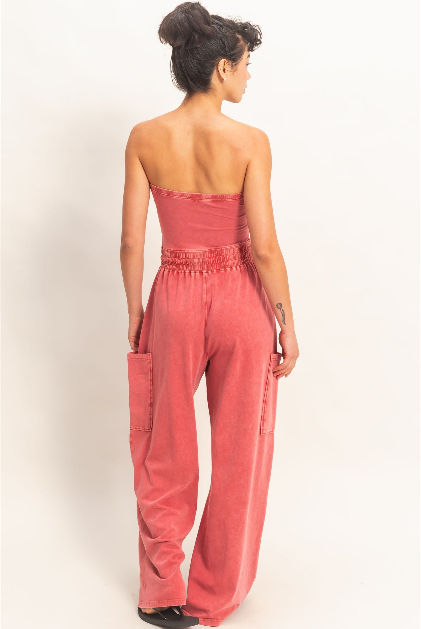 Wholesale Mineral Wash Strapless Wide-Leg Jumpsuit Clothing DZ26C376 DARK RED DOUBLE ZERO