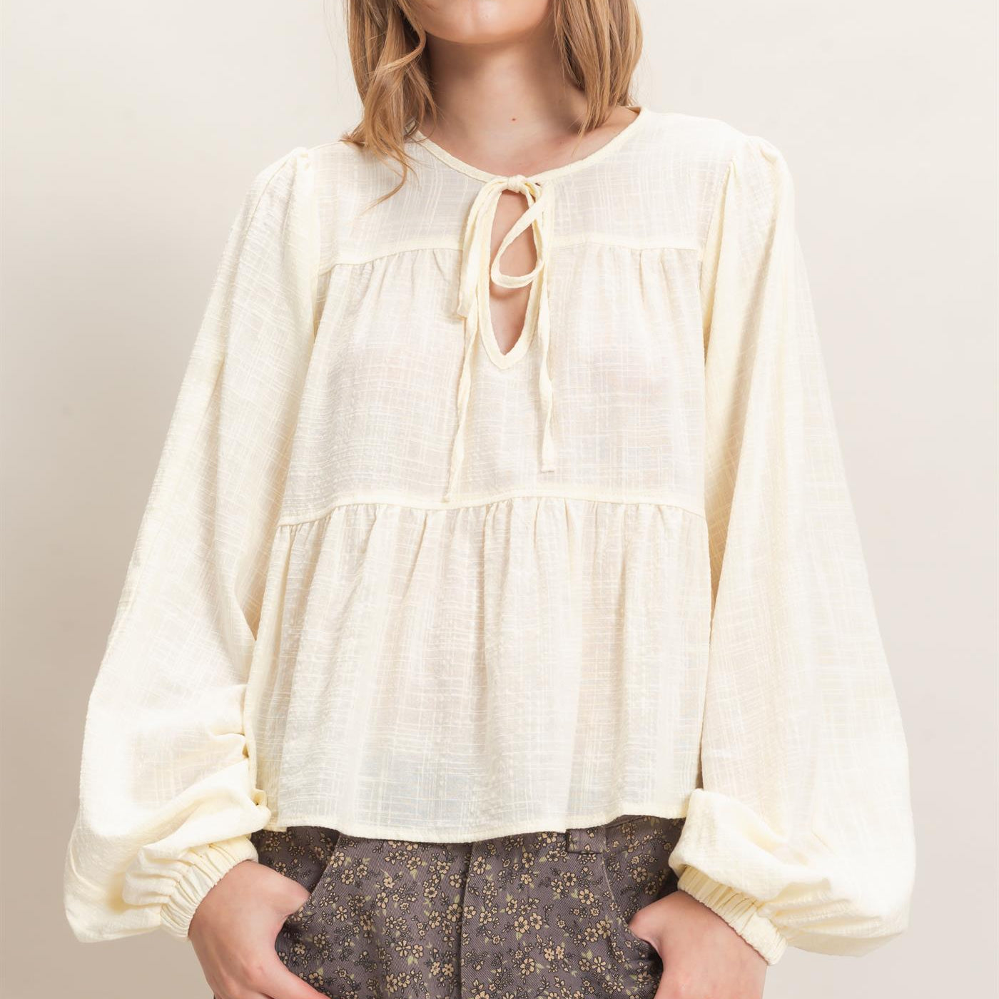 Wholesale Tie Front Peplum Blouse Blouses HF26F065 CREAM HYFVE