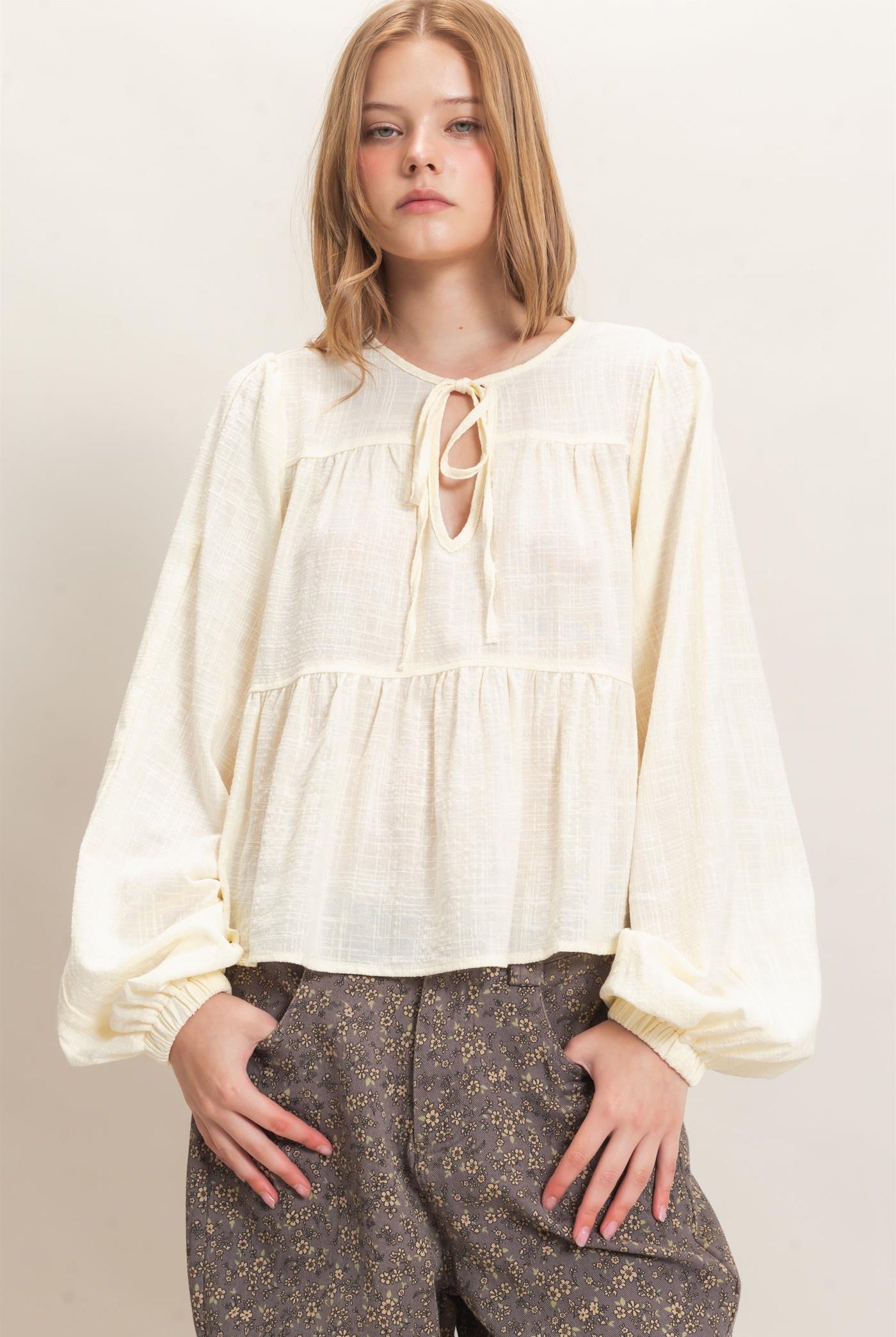 Wholesale Tie Front Peplum Blouse Blouses HF26F065 CREAM HYFVE