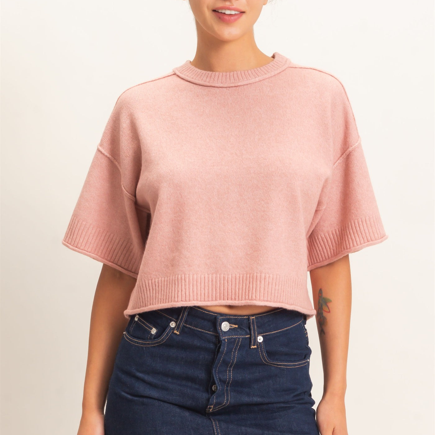 Wholesale Seam Detail Short Sleeve Knit Top Clothing Tops DZ26A827 DUSTY PINK DOUBLE ZERO