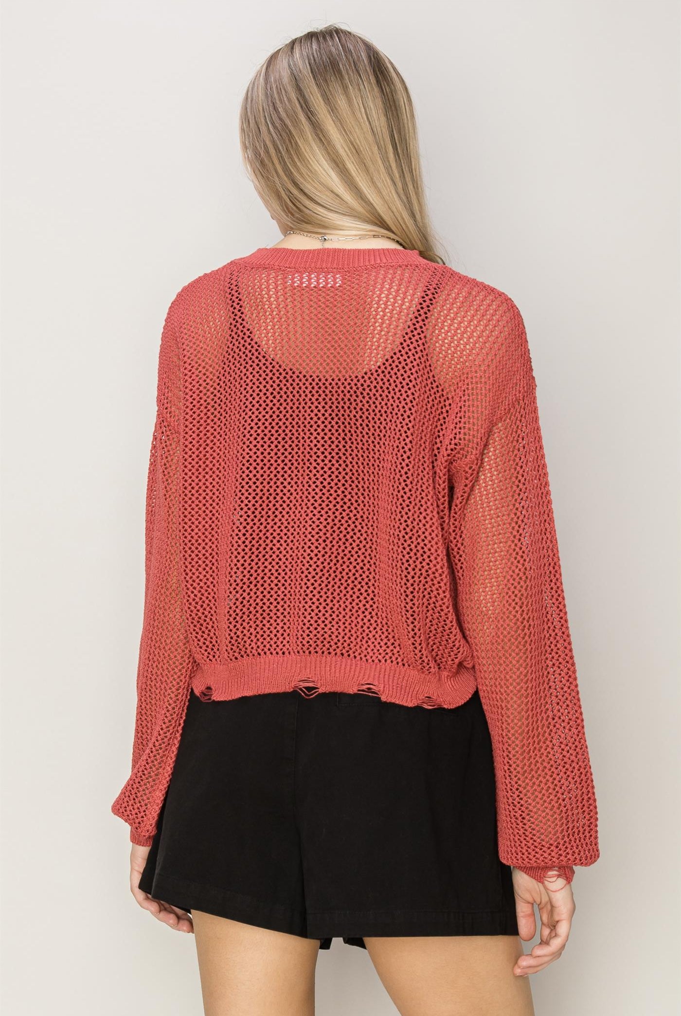 Wholesale Distressed Knit Sweater Clothing Tops DZ24C038 BRICK DOUBLE ZERO