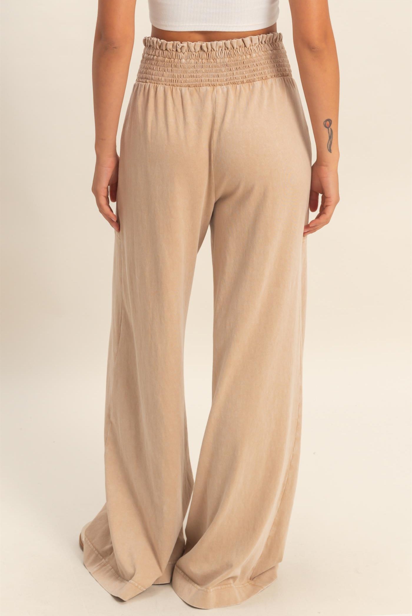 Wholesale Mineral Washed Wide-Leg Smocked Waist Pants Pants DZ26A249 DARK TAUPE DOUBLE ZERO