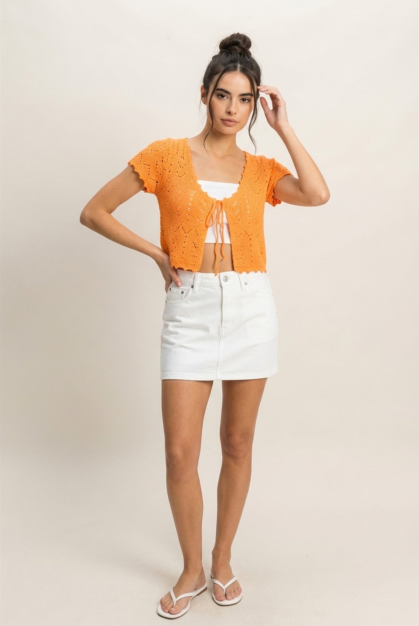 Wholesale Pointelle Tie Front Knit Cardigan Clothing Tops DZ24C268 ORANGE DOUBLE ZERO