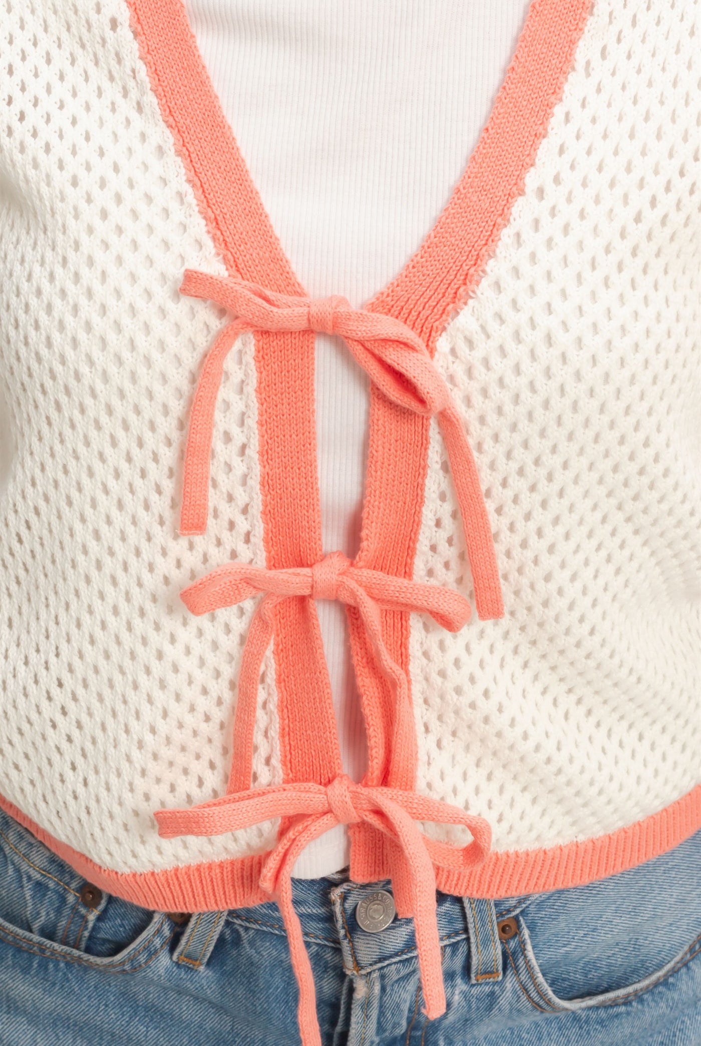 Wholesale Knit Vest With Tie Closure Sweaters HF26A238 IVORY/CORAL HYFVE