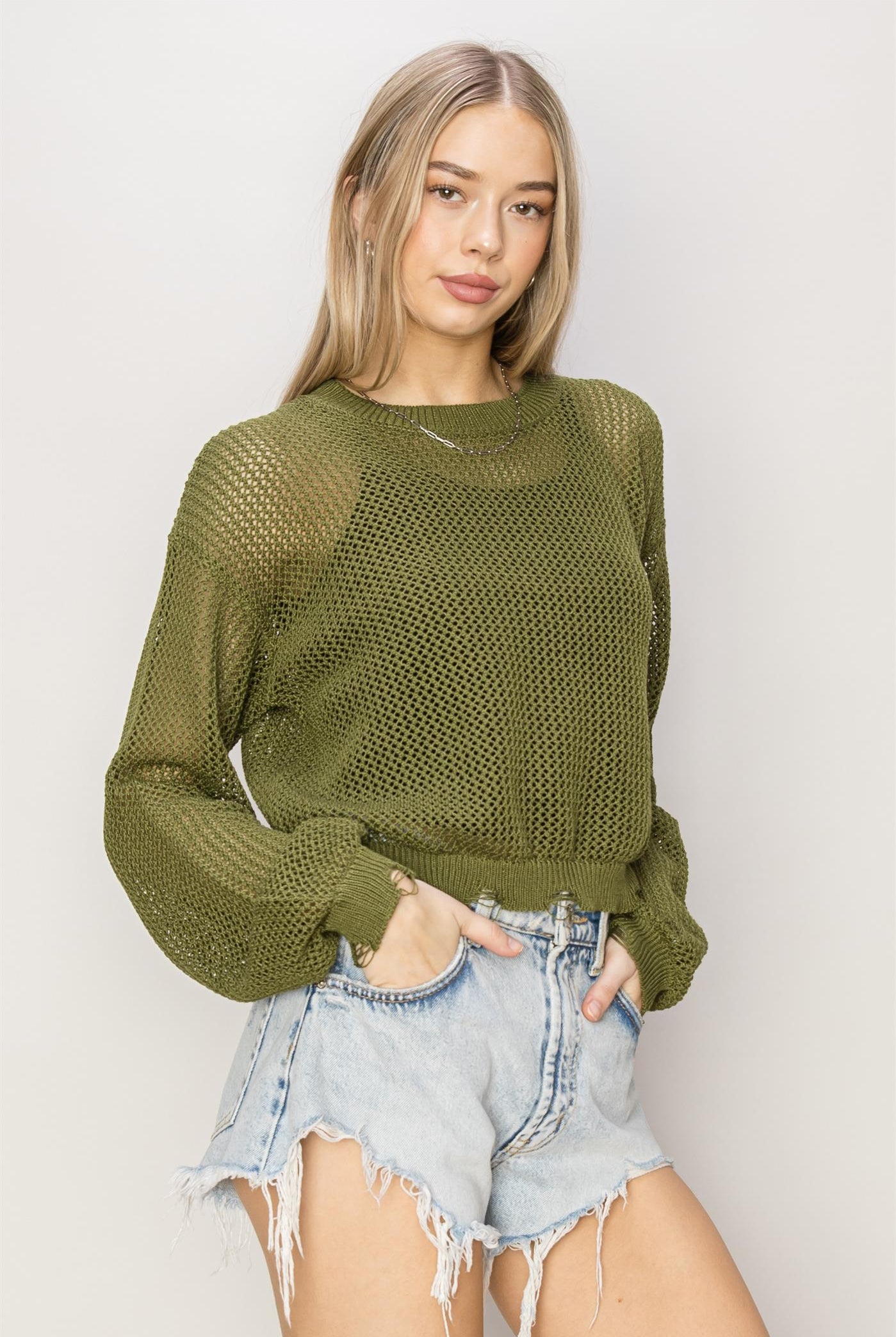 Wholesale Distressed Knit Sweater Clothing Tops DZ24C038 MOSS DOUBLE ZERO
