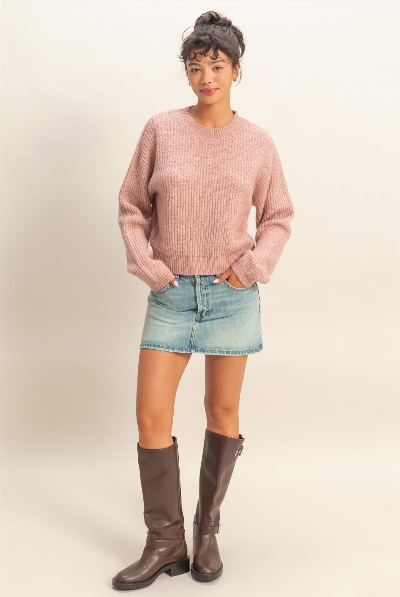 Wholesale Ribbed Crew Neck Sweater Sweaters DZ25F006 PINK FROST DOUBLE ZERO
