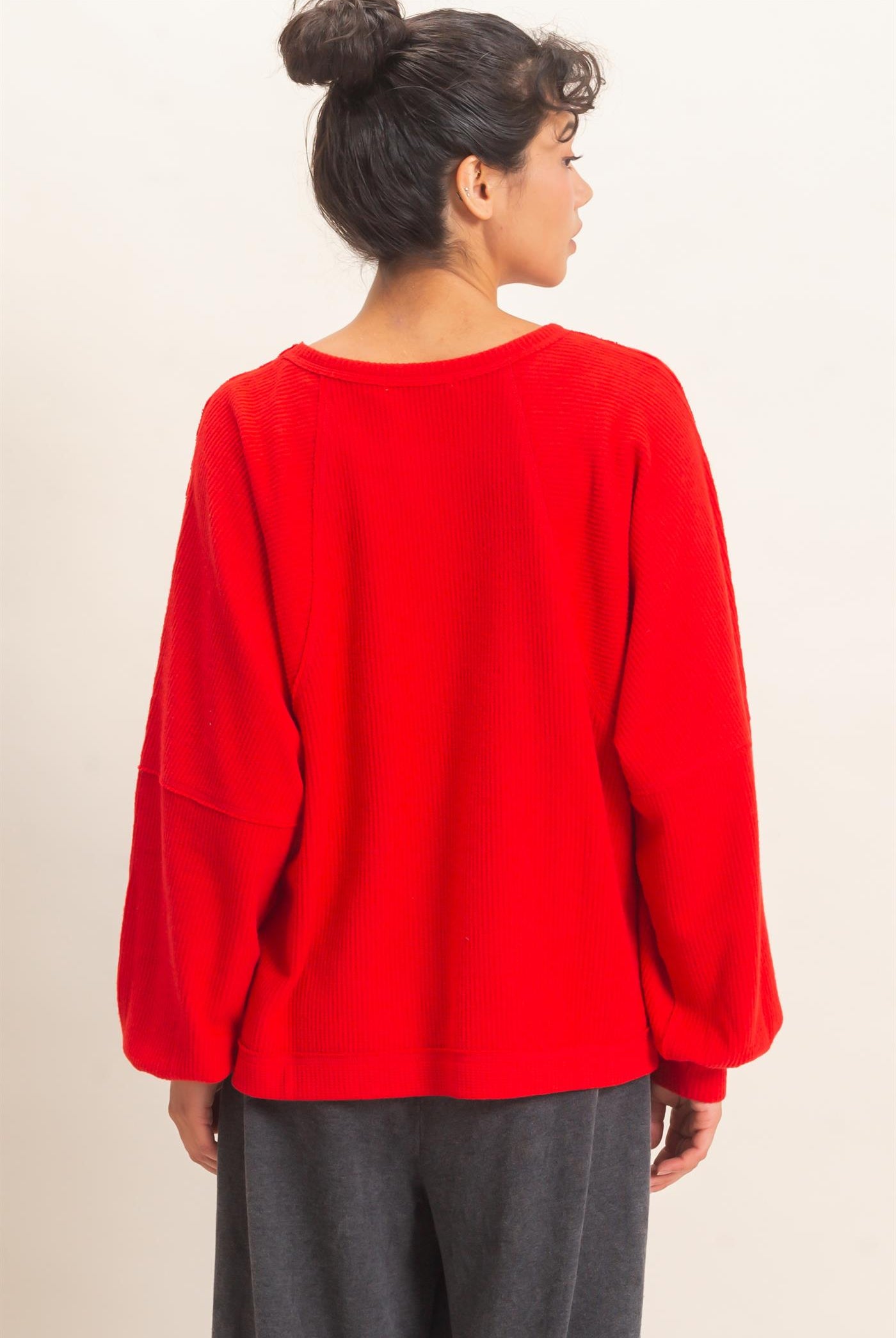 Wholesale Brushed Waffle Long Sleeve Top Clothing Tops DZ26F312 RED DOUBLE ZERO