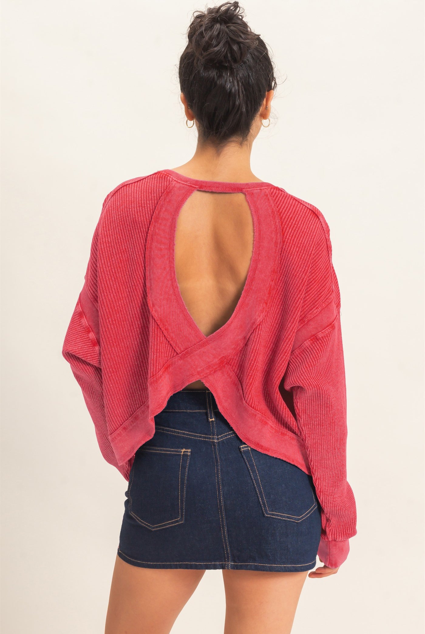 Wholesale Mineral Wash Waffle Open Back Top Clothing Tops DZ26C964 DARK RED DOUBLE ZERO
