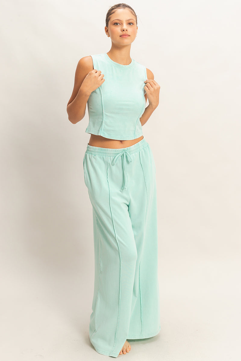 Wholesale Mineral Washed Sleeveless Top & Wide Leg Pants Set Clothing DZ26A371-SET TURQUOISE DOUBLE ZERO