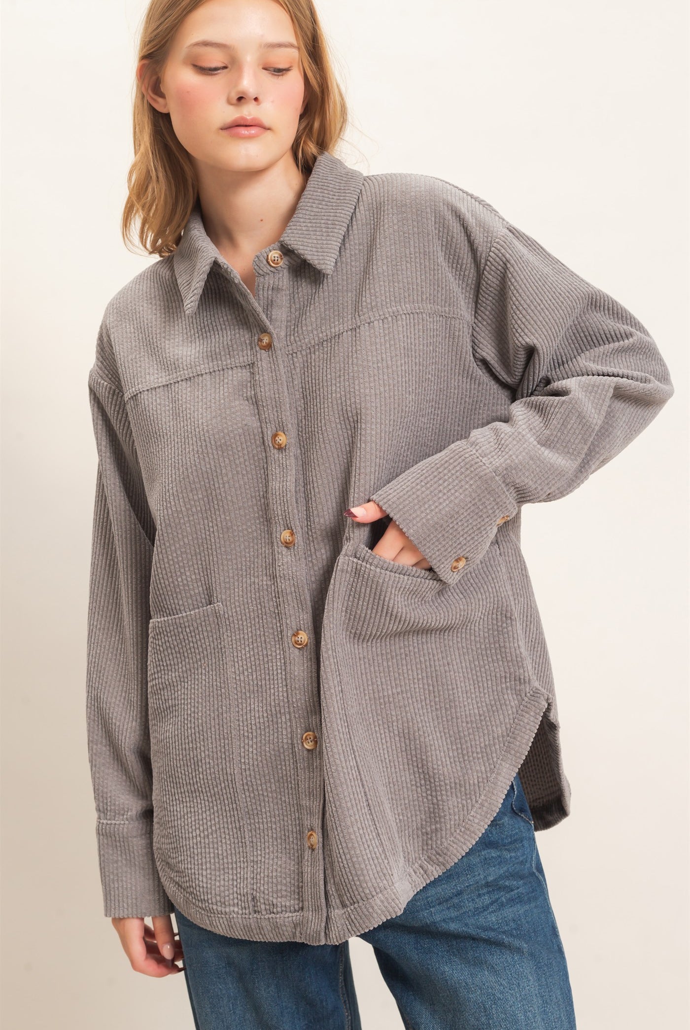 Wholesale Corduroy Button-Up Shirt Outerwear HF26F163 GRAY HYFVE