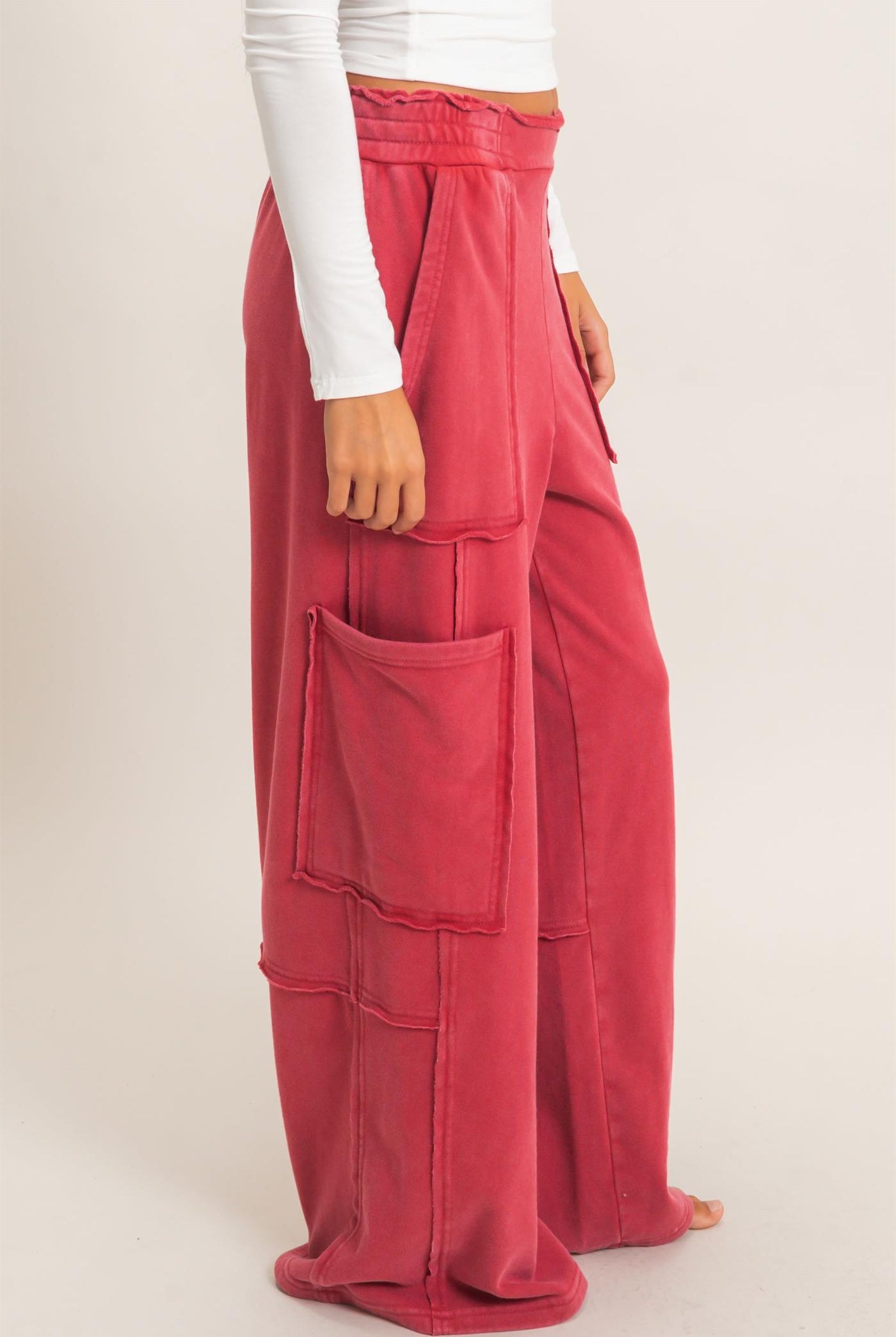 Wholesale Mineral Wash Cargo Pocket Pants Pants DZ26C963 DARK RED DOUBLE ZERO
