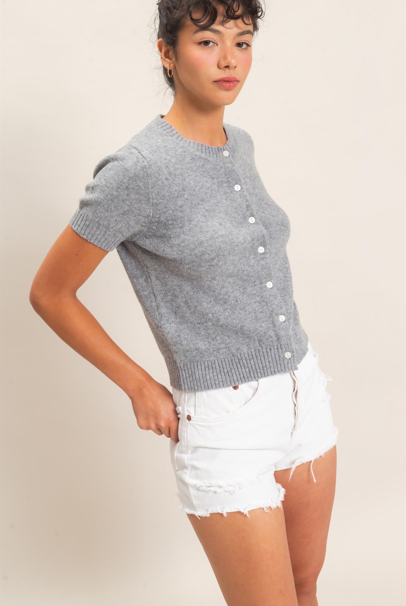 Wholesale Crew Neck Short Sleeve Cardigan Cardigans DZ26E108 HEATHER GRAY DOUBLE ZERO