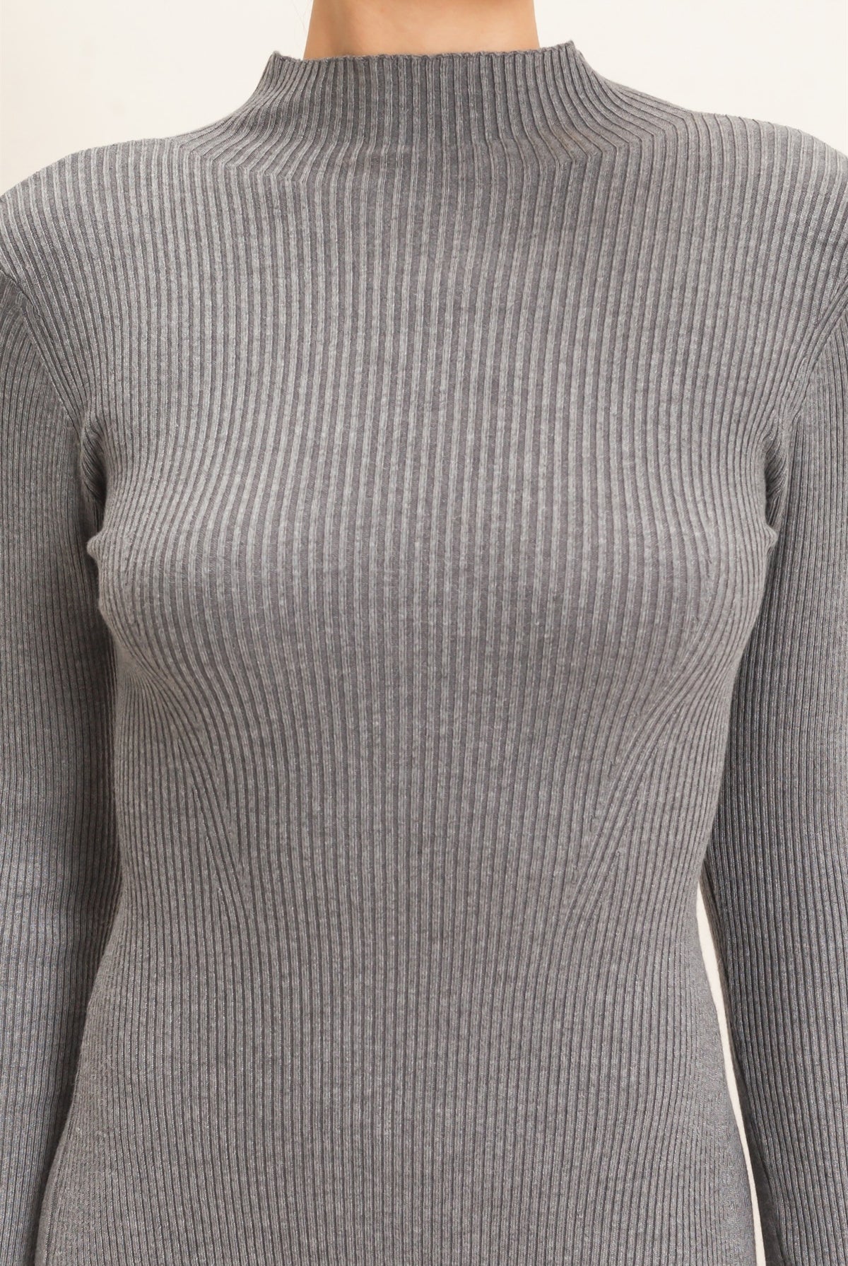 Wholesale Ribbed Mock Neck Long Sleeve Midi Dress Dresses HF26F156-D H.GRAY HYFVE