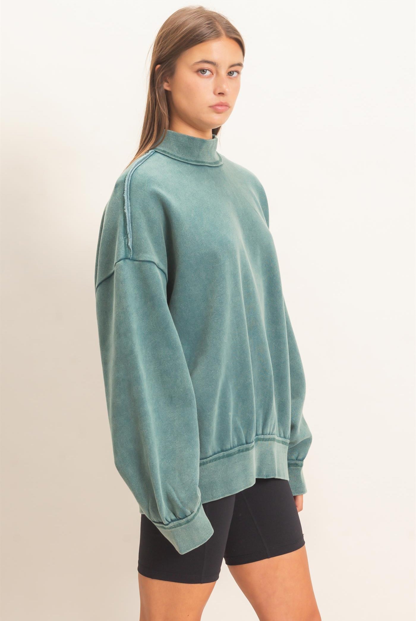 Wholesale Acid Washed Mock Neck Sweatshirt Sweatshirts DZ26E656 DARK TEAL DOUBLE ZERO