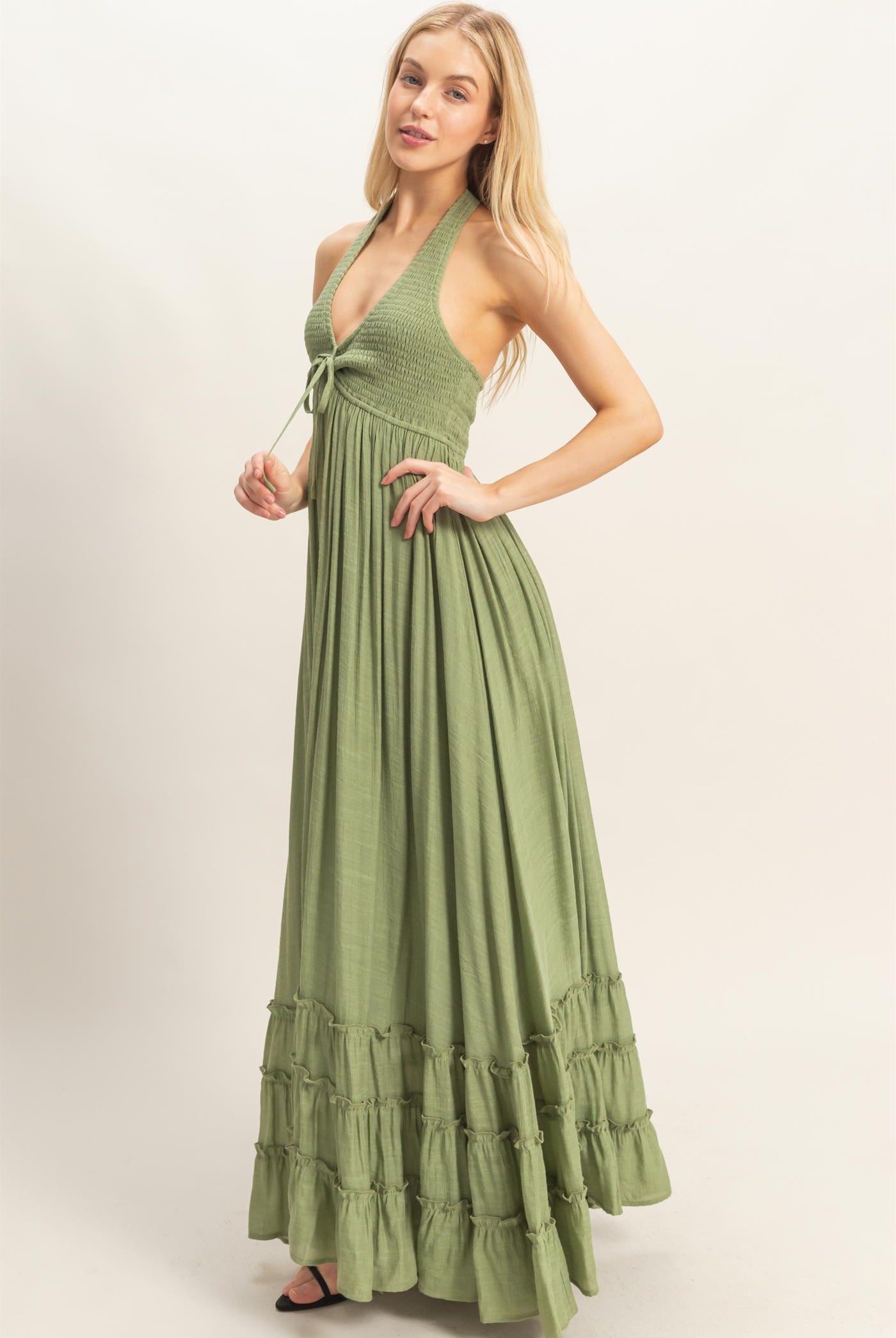 Wholesale Halter Neck Smocked Maxi Dress Dresses HF26C287-D LIGHT OLIVE HYFVE