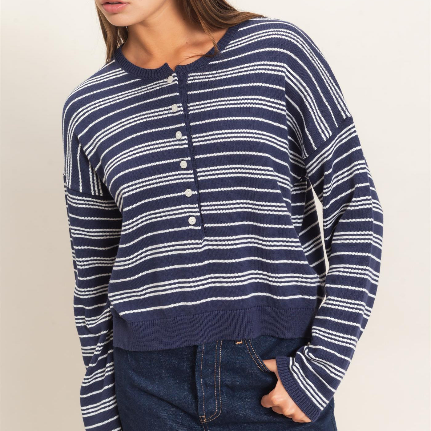 Wholesale Striped Henley Sweater Sweaters DZ26E113 NAVY DOUBLE ZERO