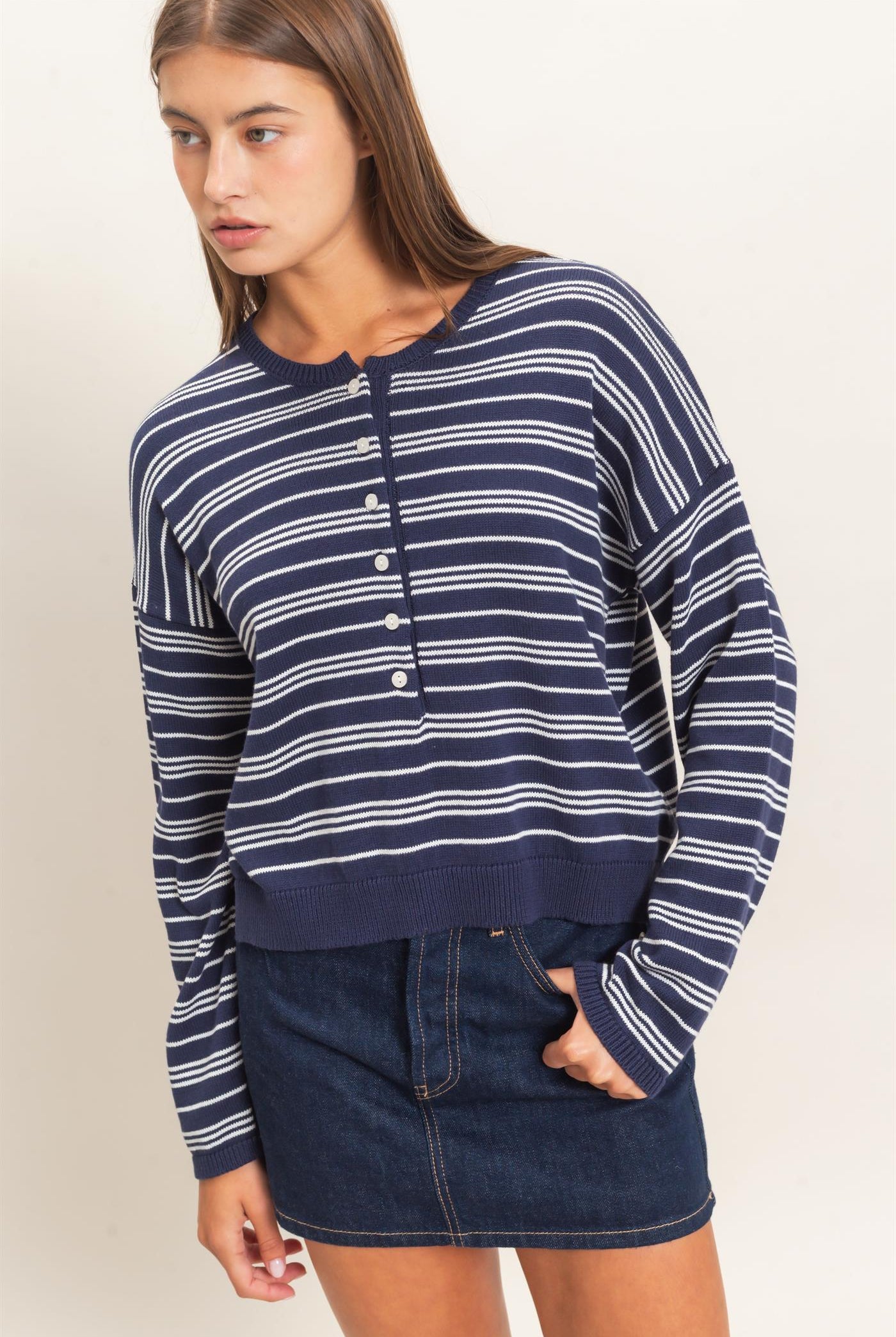 Wholesale Striped Henley Sweater Sweaters DZ26E113 NAVY DOUBLE ZERO