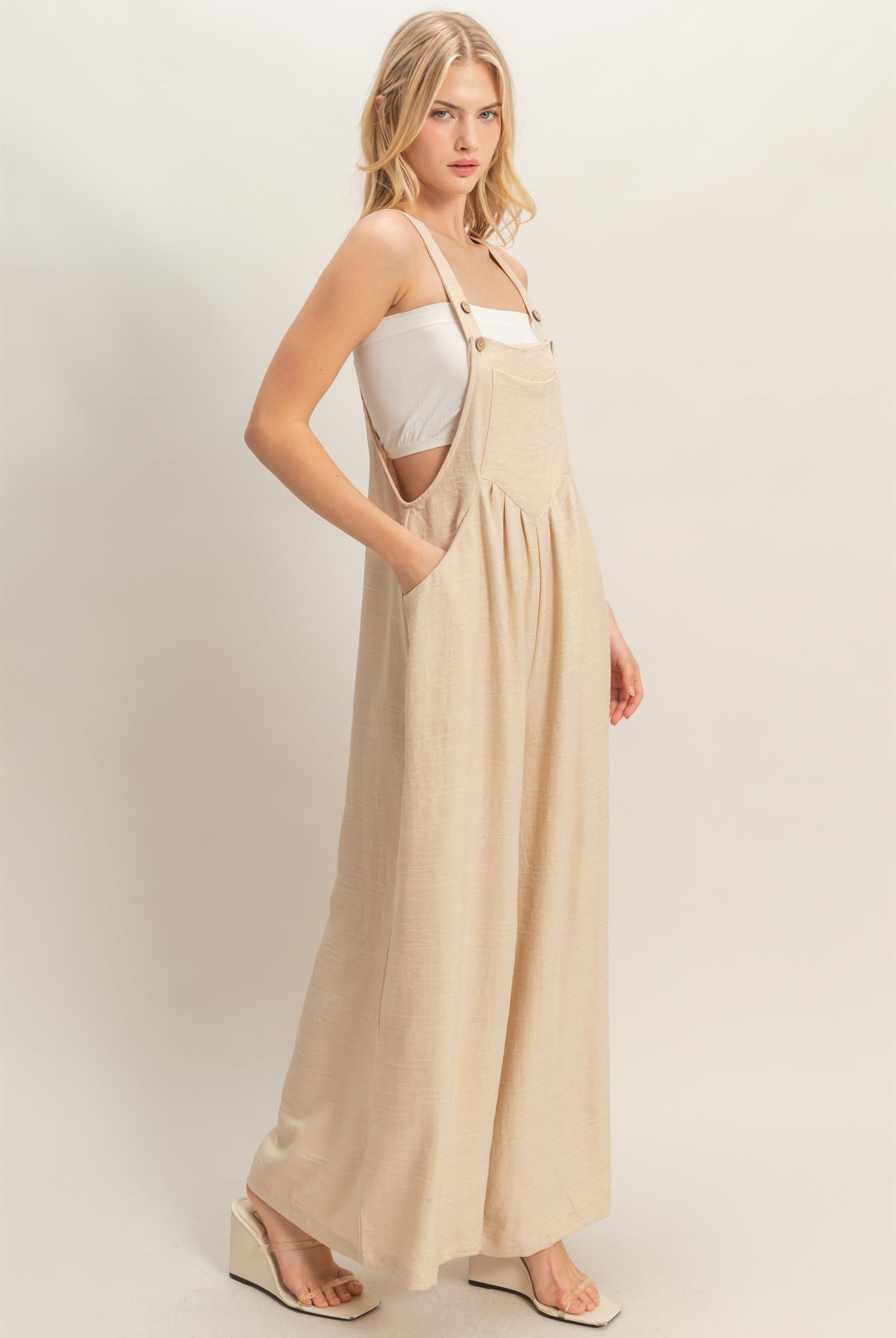 Wholesale Wide Leg Overall Jumpsuit Clothing HF26C322 OATMEAL HYFVE