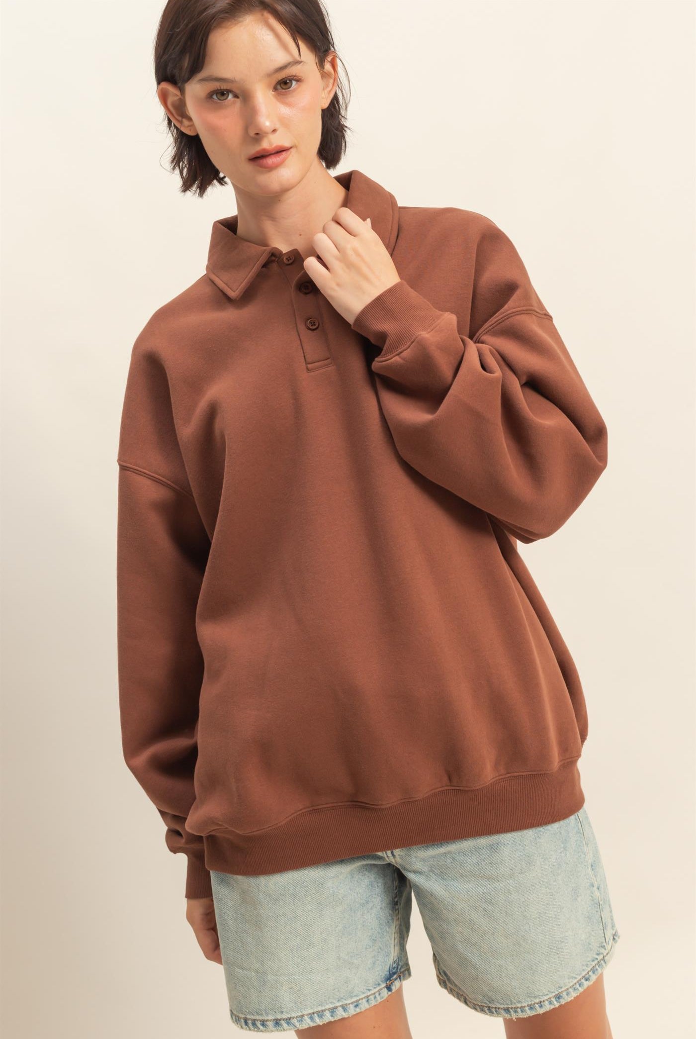 Wholesale Oversized Polo Collared Pullover Sweatshirts DZ25F074 CHESTNUT DOUBLE ZERO