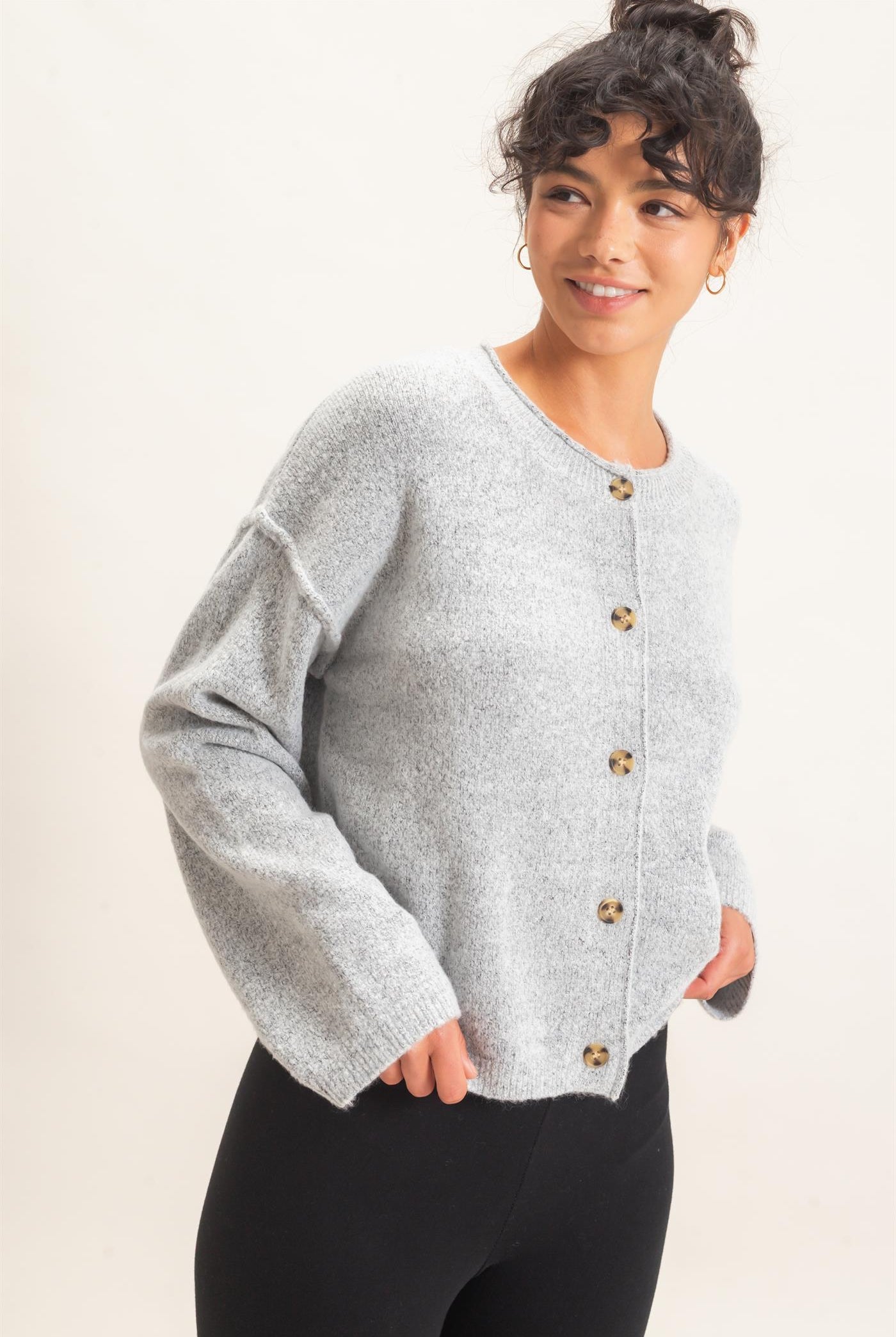 Wholesale Crew Neck Loose Fit Cardigan Cardigans DZ26E269 HEATHER GRAY DOUBLE ZERO