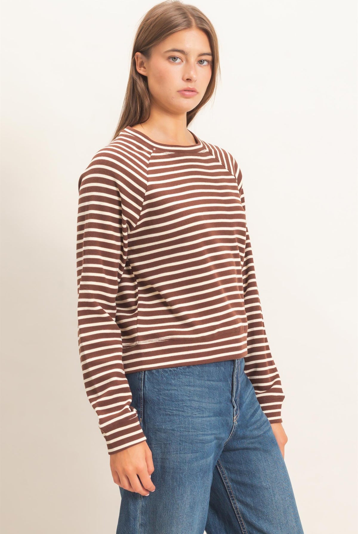 Wholesale Striped Waffle Knit Raglan Top Clothing Tops DZ26E450 DARK BROWN DOUBLE ZERO