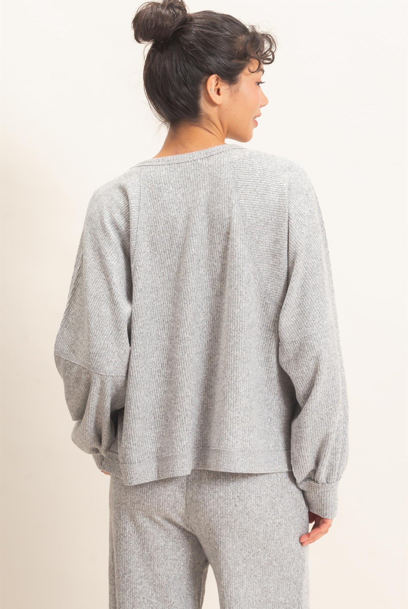Wholesale Brushed Waffle Long Sleeve Top Clothing Tops DZ26F312 HEATHER GRAY DOUBLE ZERO