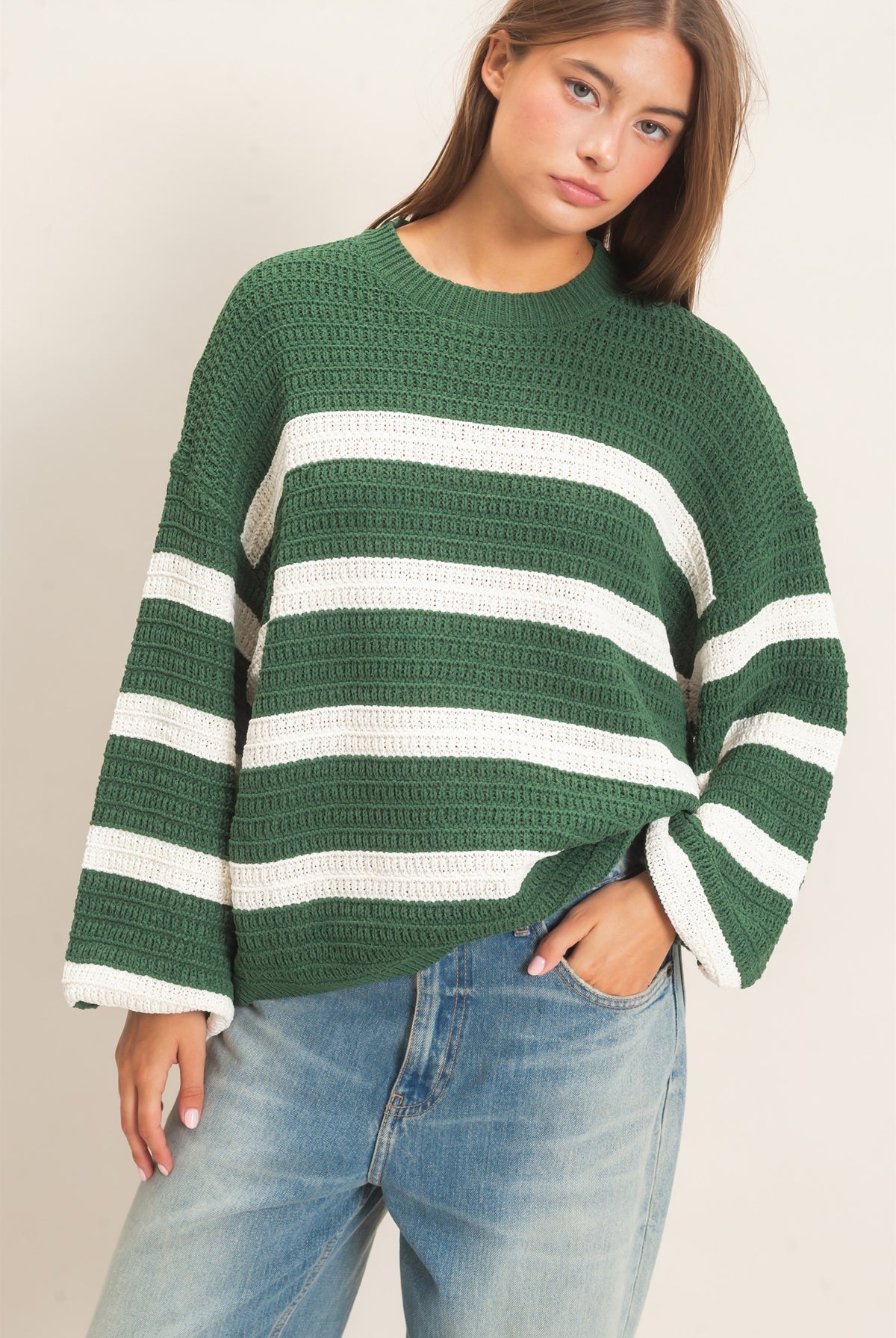 Wholesale Striped Oversized Sweater Sweaters DZ27A192 DARK GREEN DOUBLE ZERO
