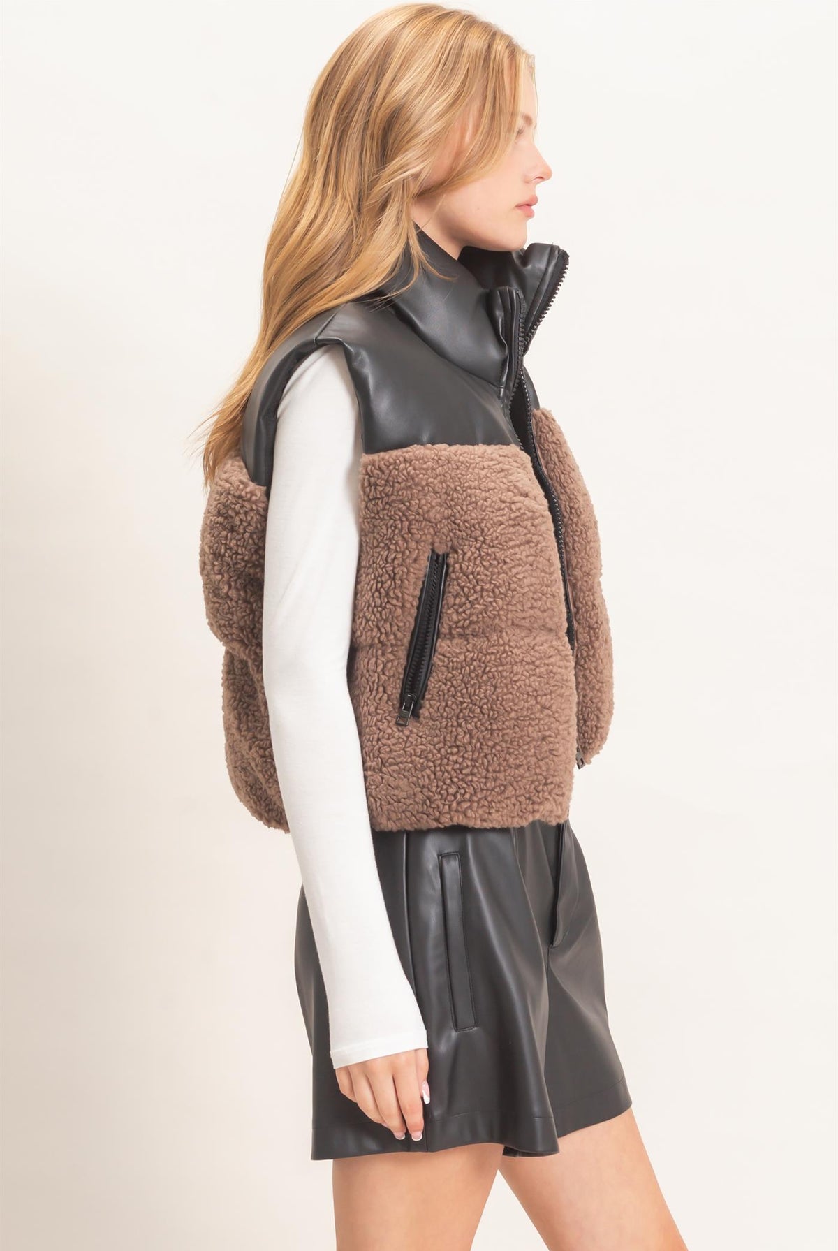 Wholesale Faux Fur & Pu Padded Vest Outerwear HF26F204 MOCHA HYFVE