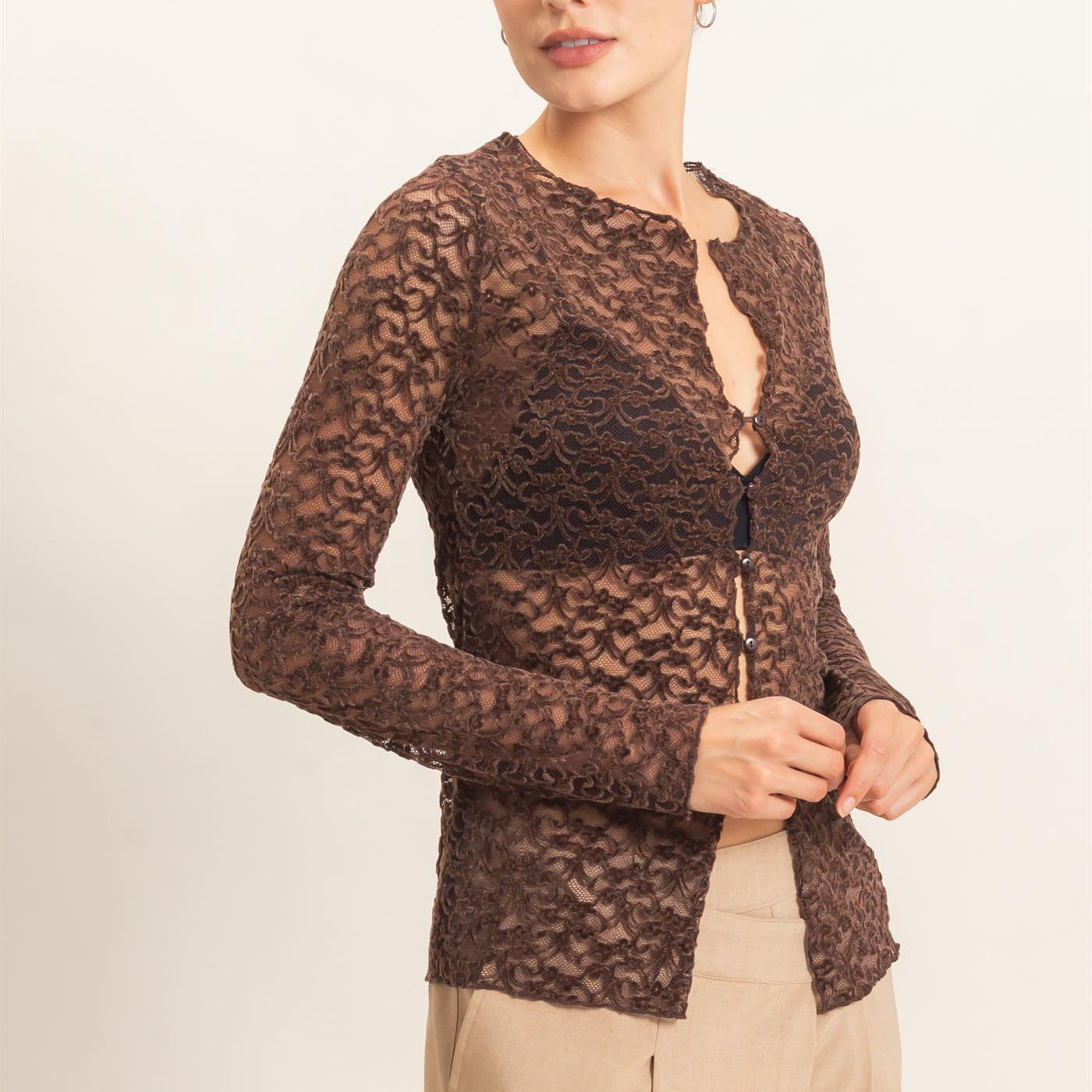 Wholesale Flocked Lace Long Sleeve Cardigan Clothing Tops HF26E415 CHOCOLATE HYFVE