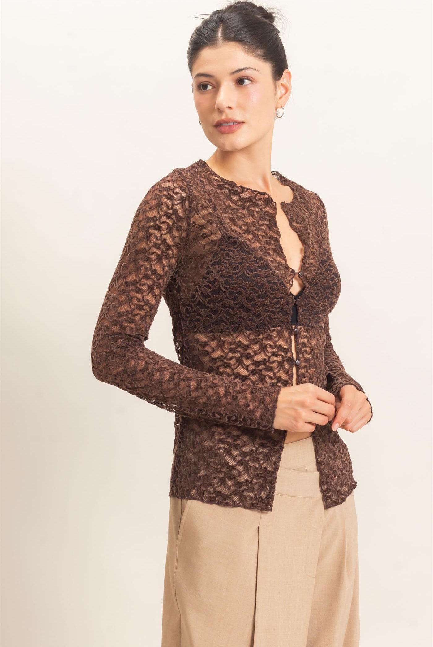 Wholesale Flocked Lace Long Sleeve Cardigan Clothing Tops HF26E415 CHOCOLATE HYFVE