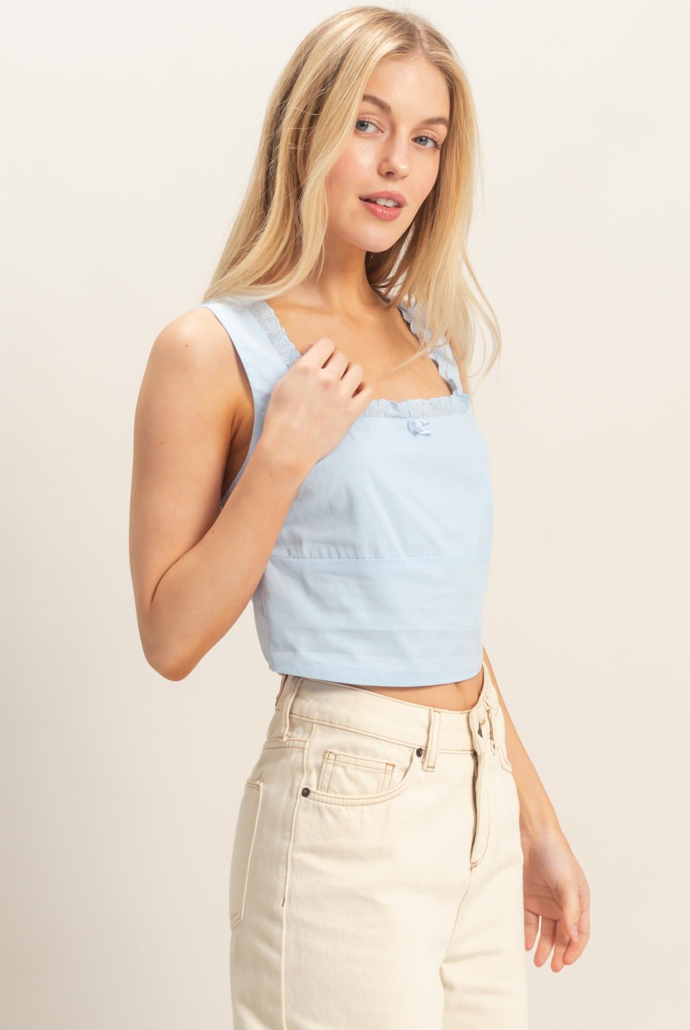 Wholesale Lace Square Neck Tank Clothing Tops HF26A008 L.BLUE HYFVE