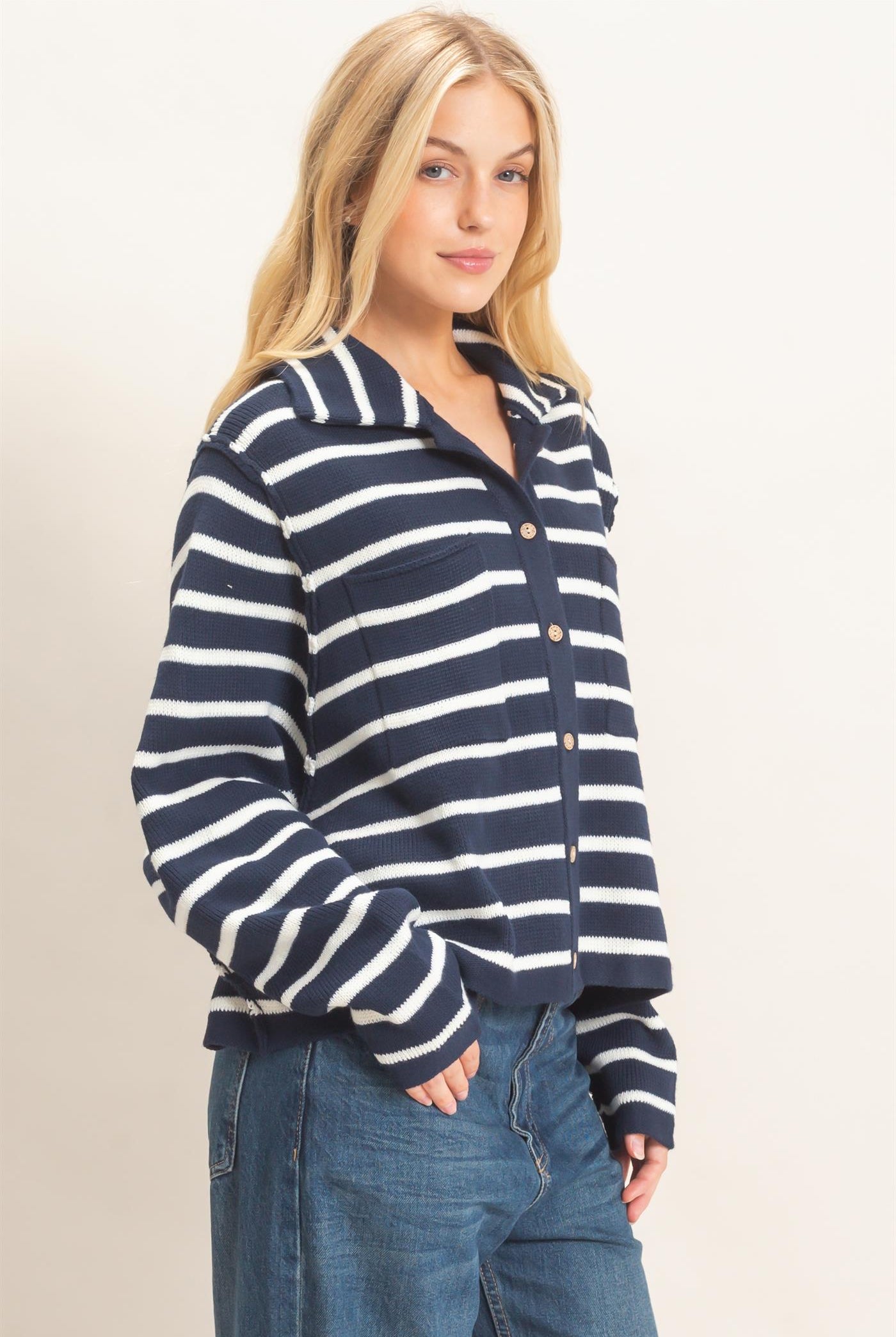 Wholesale Striped Button Front Cardigan Sweaters HF26F197 NAVY HYFVE