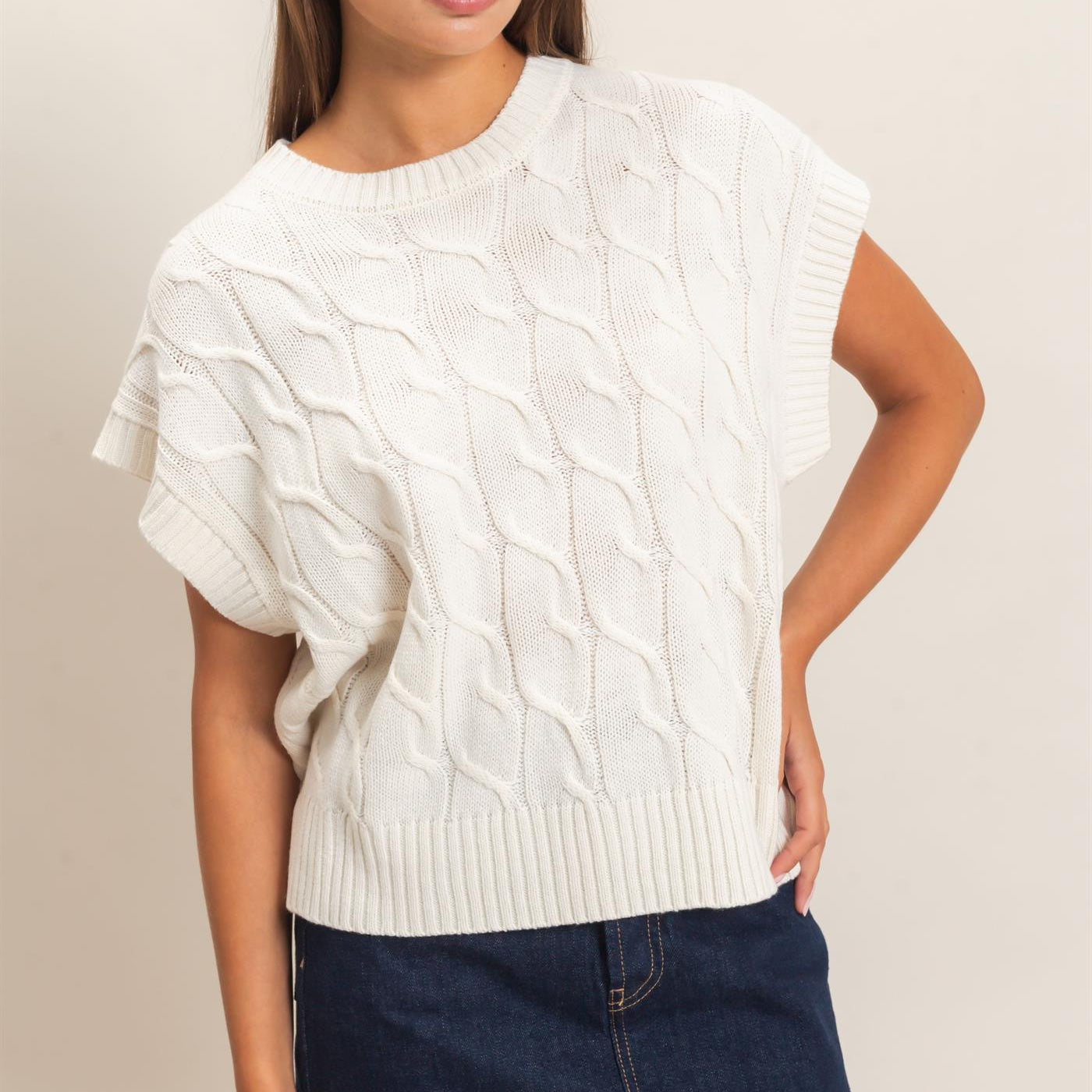 Wholesale Cable Knit Cap Sleeve Sweater Sweaters DZ26C974 CREAM DOUBLE ZERO