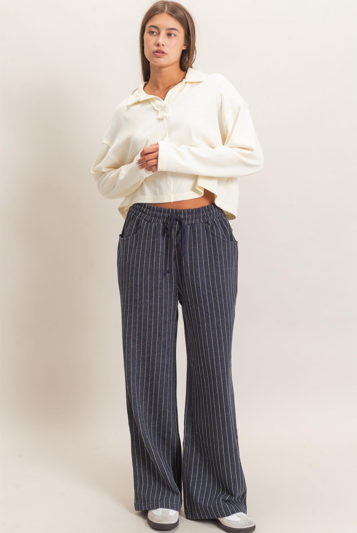 Wholesale Pinstripe Elastic Waist Sweatpants Pants DZ26A813 NAVY DOUBLE ZERO