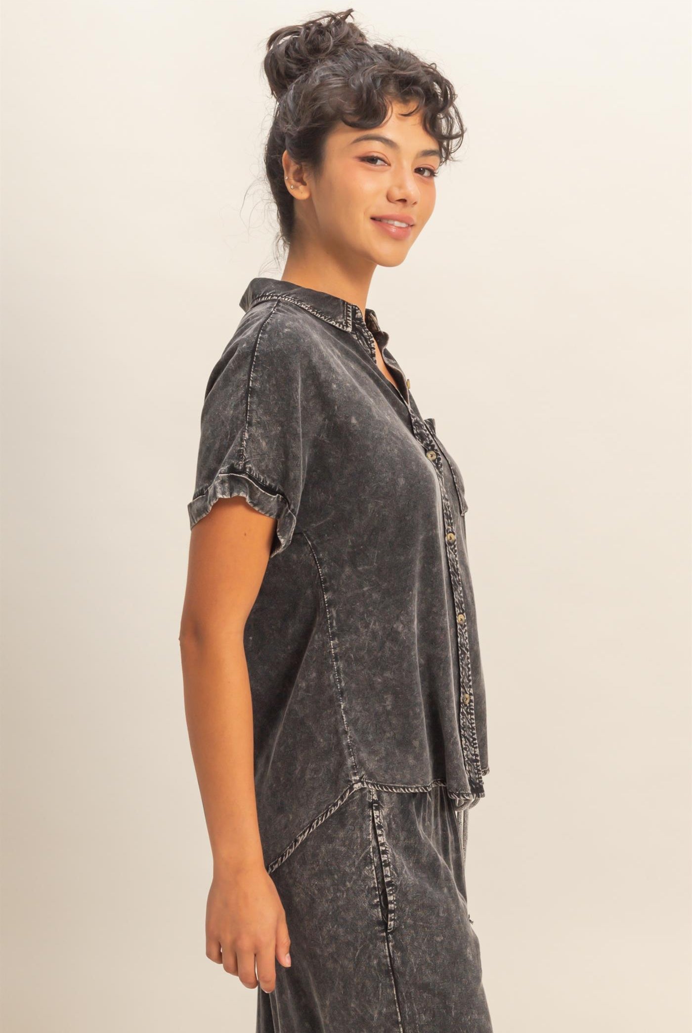 Wholesale Mineral Wash Button-Up Dolman Sleeve Shirt Shirts DZ26C132 BLACK DOUBLE ZERO