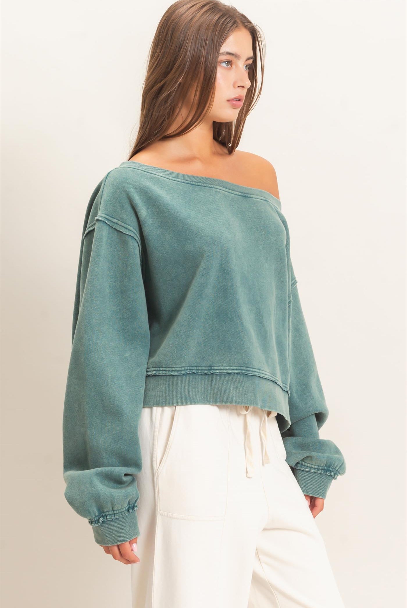 Wholesale Raw Edge Acid Wash Off The Shoulder Sweatshirt Sweatshirts DZ26F013 DARK TEAL DOUBLE ZERO