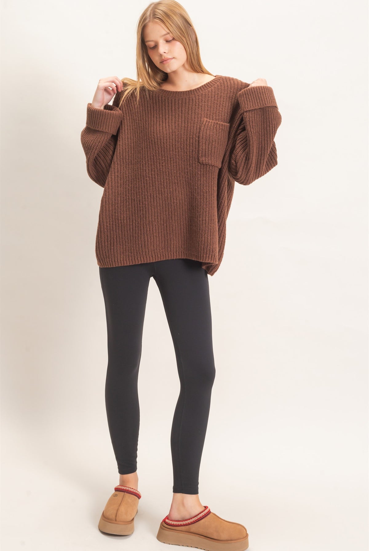 Wholesale Ribbed Knit Patch Pocket Sweater Sweaters HF26F177 BROWN HYFVE