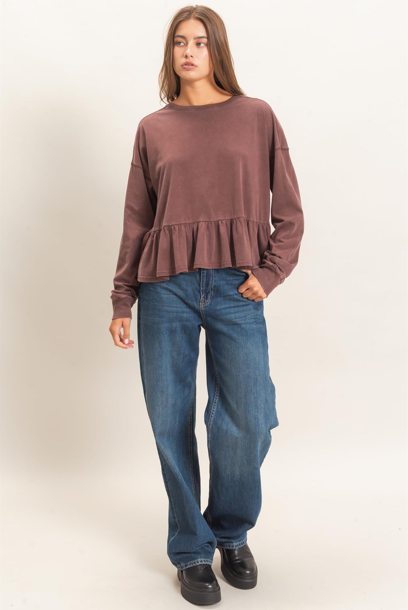 Wholesale Peplum Long Sleeve Top Clothing Tops DZ26F397 DARK BROWN DOUBLE ZERO