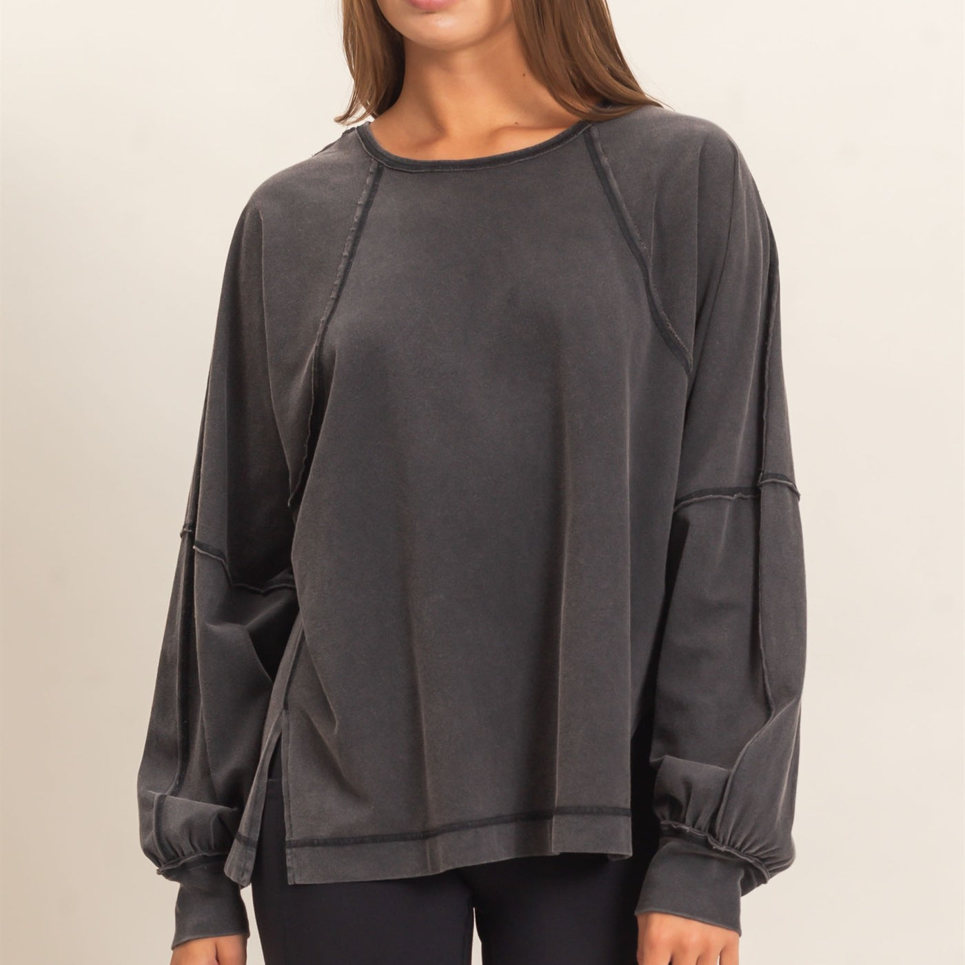 Wholesale Raglan Sleeve Snow Wash Top Shirts DZ26E945 BLACK DOUBLE ZERO