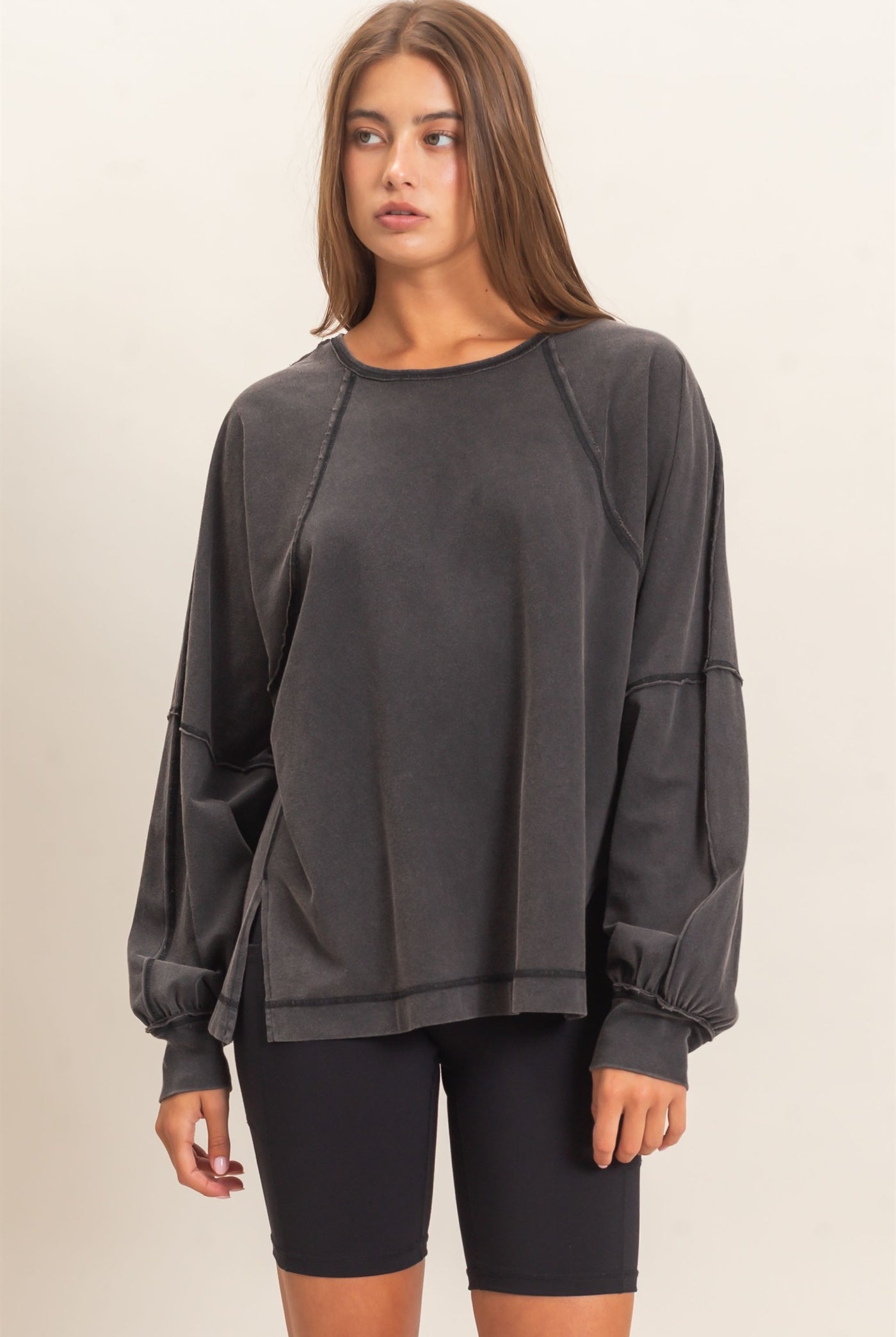 Wholesale Raglan Sleeve Snow Wash Top Shirts DZ26E945 BLACK DOUBLE ZERO