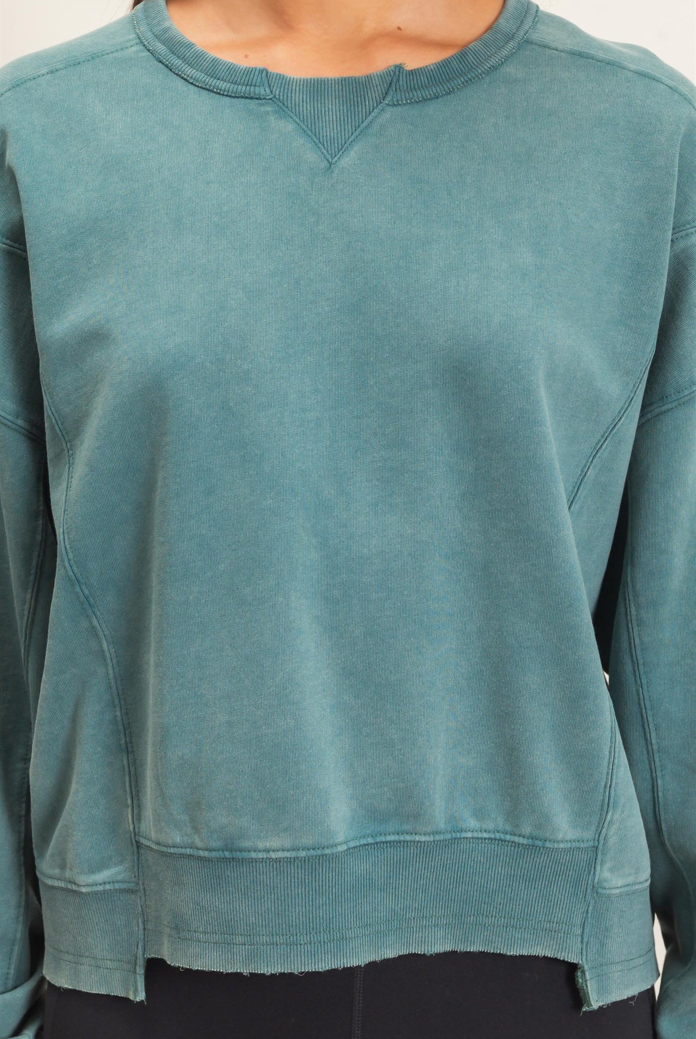 Wholesale Acid Wash Seam Detail Crew Neck Sweatshirt Sweatshirts DZ26E260 DARK TEAL DOUBLE ZERO