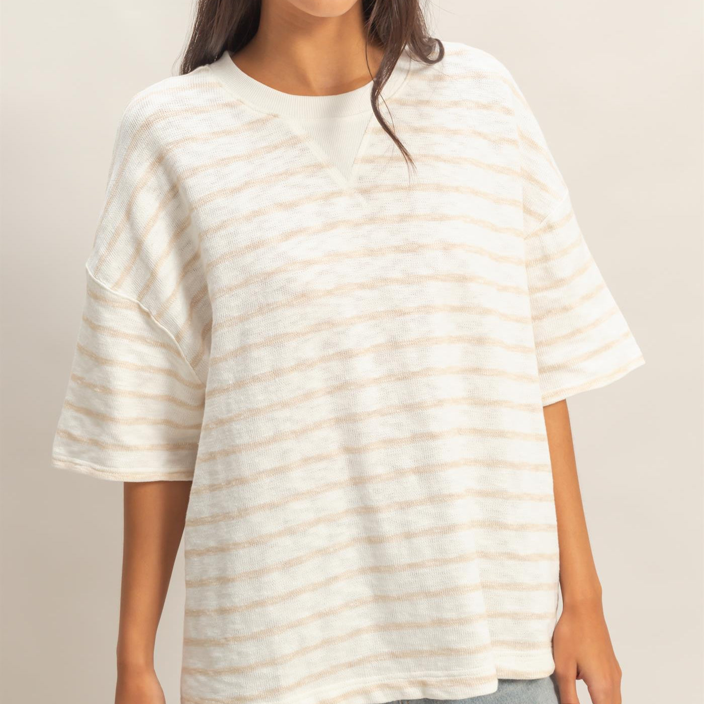 Wholesale Oversized Striped V-Stitch Short Sleeve Top Clothing Tops DZ26A455 TAUPE DOUBLE ZERO
